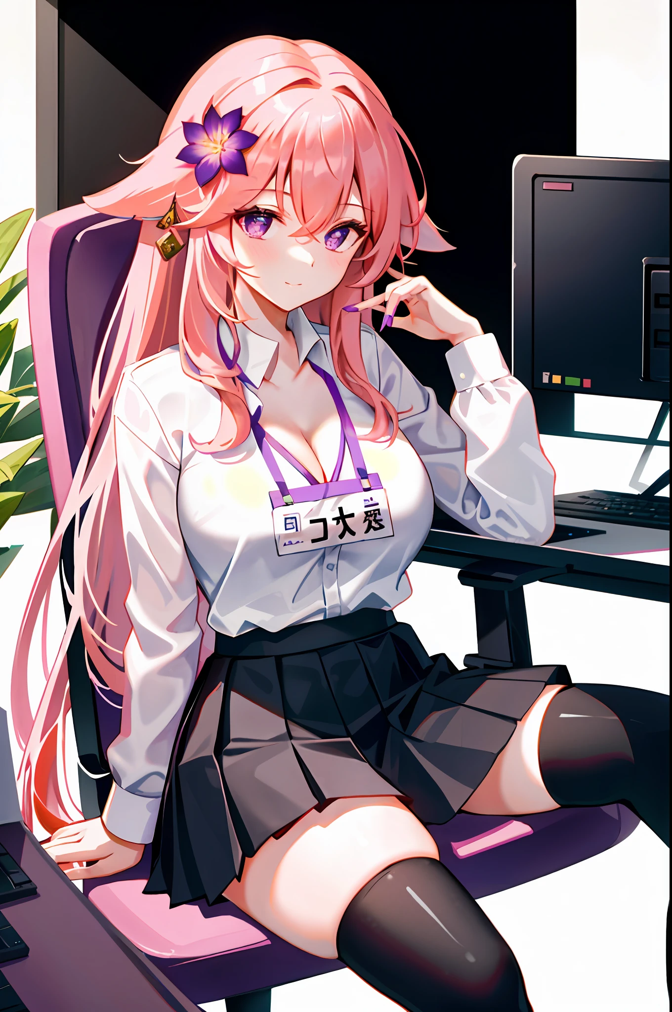 yae miko, 1girl, solo, ((white shirt)), black thighhighs, breasts, cleavage, uniform, office background, black skirt, pleated skirt, office, hair between eyes, hair flower, hair ornament, large breasts, long hair, looking at viewer, pink hair, pink nails, purple eyes, solo, thighhighs, thighs, very long hair, ((masterpiece)), sitting, chair, desk, computer on desk, name tag, id tag, indoor,