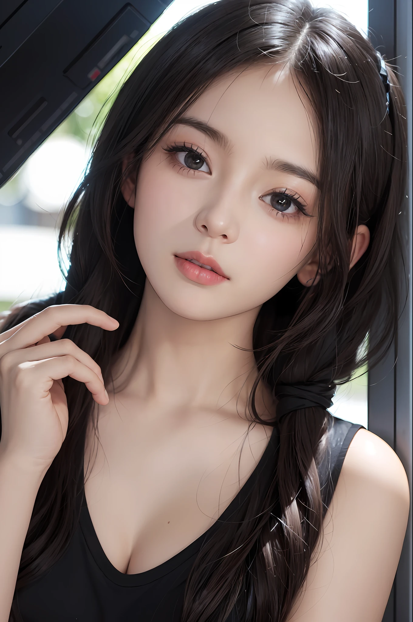 (8k, RAW photos, highest quality, high resolution:1.1), (hyperrealistic:1.4),(realistic, photorealistic:1.3), soft light,realistic face,realistic body,realistic skin,absurdity,masterpiece,(cute:1.8),(slouch:1.8),(from top:1.2),(close-up:1.4),crawling on all fours,POV,( Detailed White Loose T-Shirt:1.2),(Beautiful Nipple Slip:0.9),(Long Hair,Ponytail),(Big:1.2),Cleavage,Detailed Black Eyes,Innocent Eyes,Drooping Eyes,Teary Eyes,Open Lips,Blush,Good Style,Cinema Light,Film Grain,Close Up,Look Viewer,Full Body,Depth of Field, Blurred Background,Eye Focus,Young,85mm Lens, F/ 1.4,Professional Lighting,Portrait,Photon Mapping,Radiosity,Physically Based Rendering,Transparency,Japan Girl,Day,Sunny,Outdoor