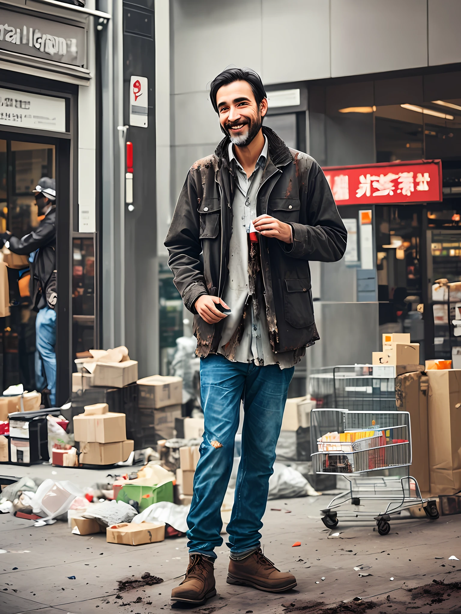 Happy drunk homeless man, dressed in (((dirty))) professional clothes, intricate environment, street traffic, large shopping mall, carton in the back, making business