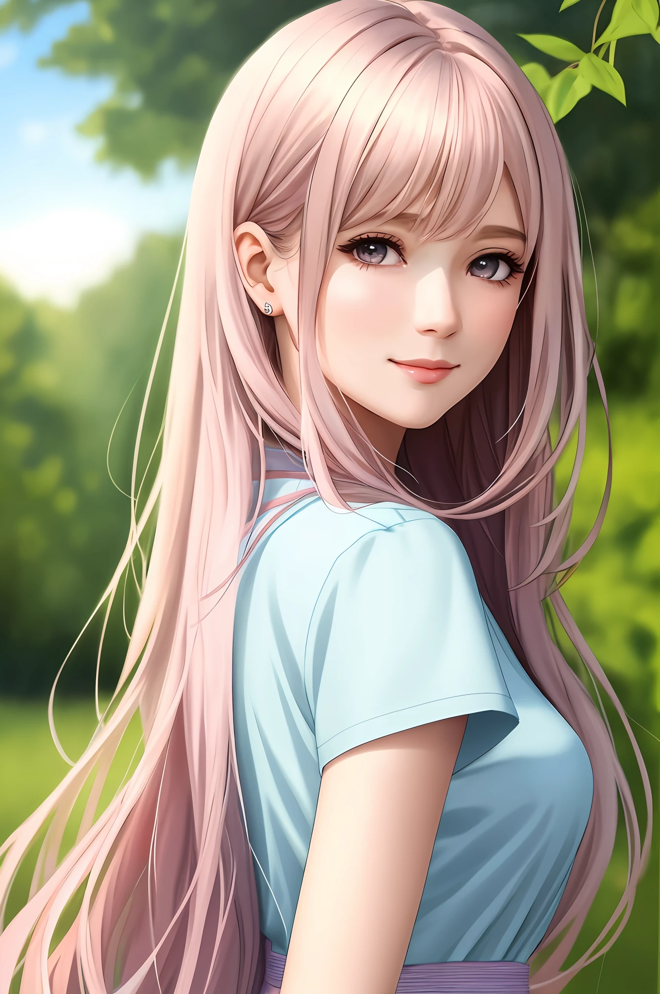 Pastel color dress closeup portrait of long-haired woman in short sleeves) (gentle smile) realistic and cute girl drawing, smooth anime CG art, beautiful anime portrait, beautiful anime girl, beautiful digital painting, realistic digital art 4K, realistic digital art 4K, beautiful digital artwork, gorgeous digital painting, realistic anime art style beautiful, digital art, portrait anime girl, beautiful gorgeous digital art
