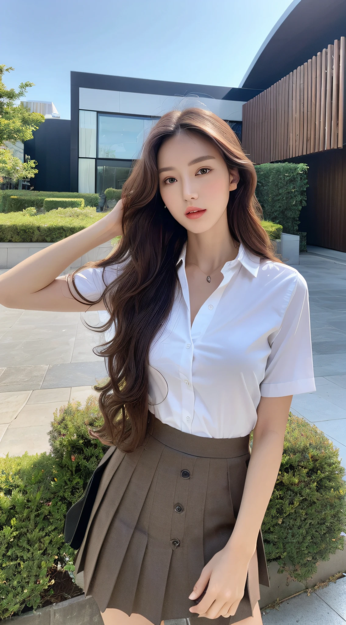(Best quality, High resolution, Masterpiece :1.3), A tall and pretty woman, Slender abs, Dark brown hair styled in loose waves, Breasts, White button up shirt, Black pleated skirt, (Modern architecture in background), Details exquisitely rendered in the face and skin texture, Detailed eyes, Double eyelid