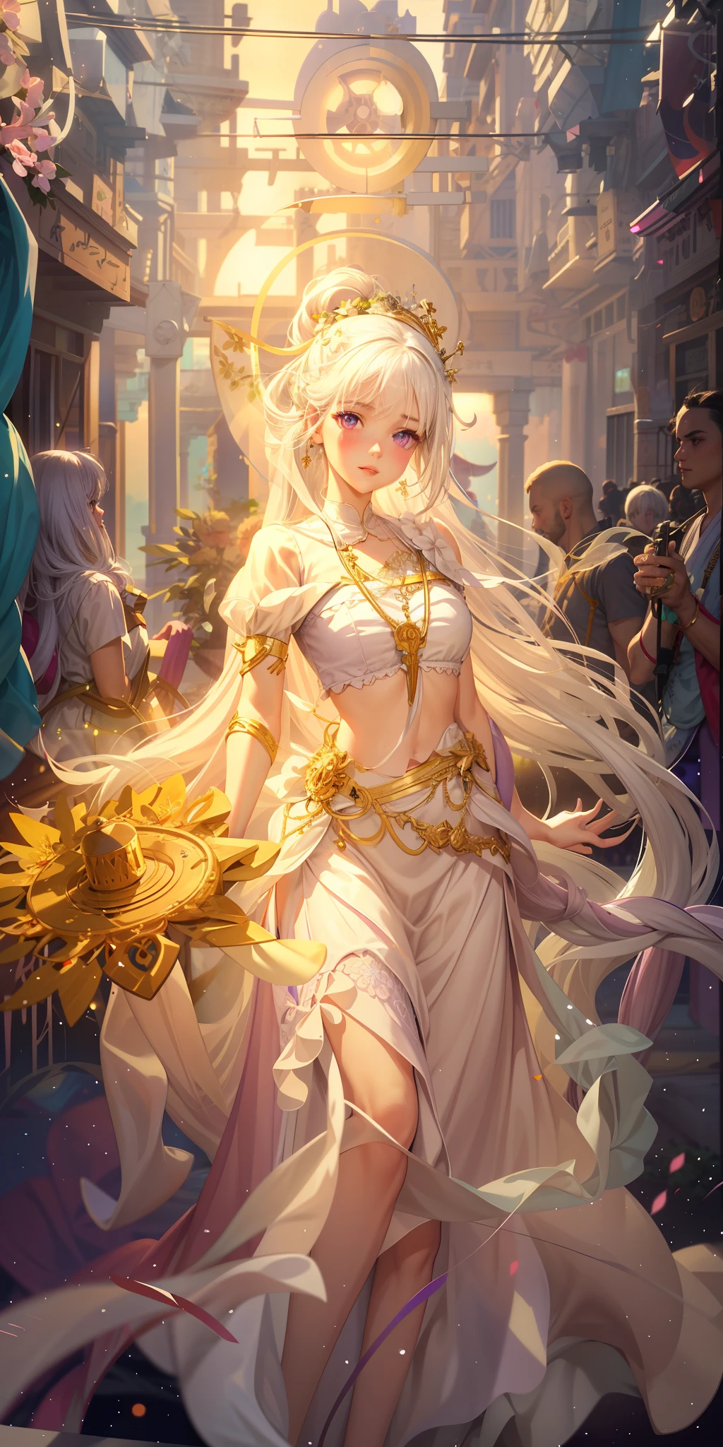 Realistic, 1girl, white hair, purple eyes, glowing eyes, cropped top, skirt, parted lips, blush, night, flowers, sun, sunlight, white skirt, short skirt, medium length hair, real, warm colors, white short Dress, white clothes, light background color, day environment, bright color background, saudi, ocean, cute,