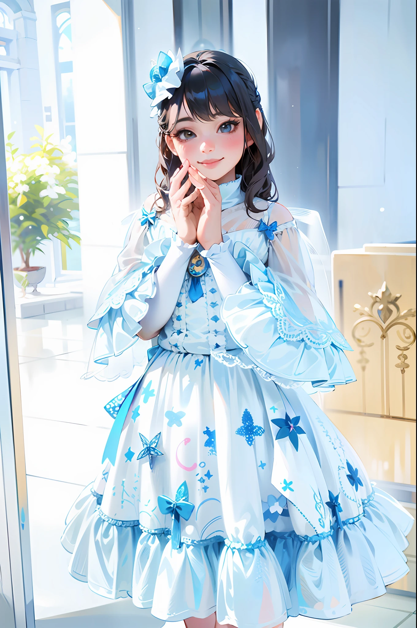 Pretty girl in blue dress posing in painting, angelic cute, magical Lolita girl portrait, Belle Delphine, full dress, loli in dress, fairy core, fold hands, prayer pose, smile