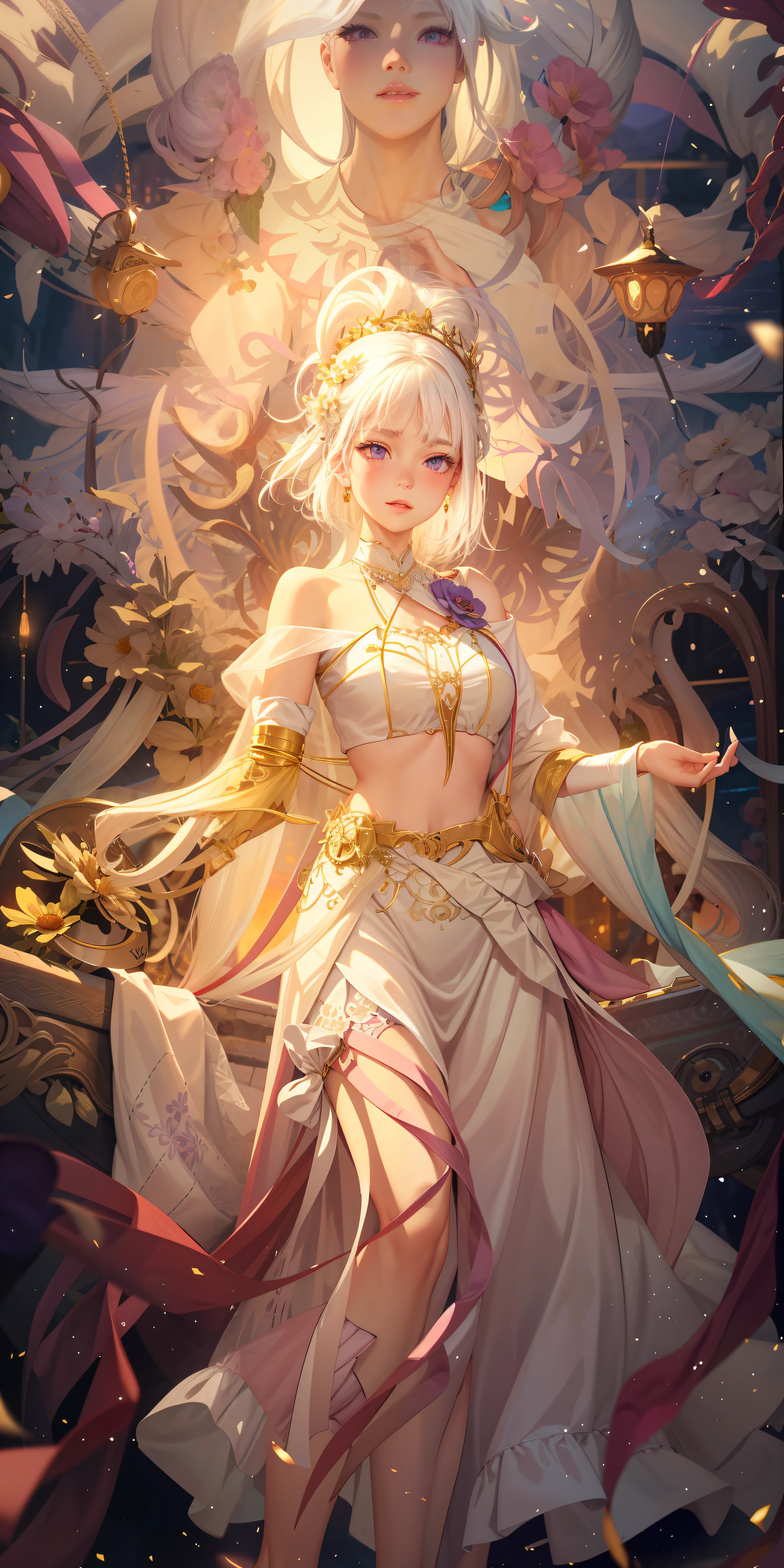 Realistic, 1girl, white hair, purple eyes, glowing eyes, cropped top, skirt, parted lips, blush, night, flowers, sun, sunlight, white skirt, short skirt, medium length hair, real, warm colors, white short Dress, white clothes, light background color, day environment, bright color background, saudi, ocean, cute,