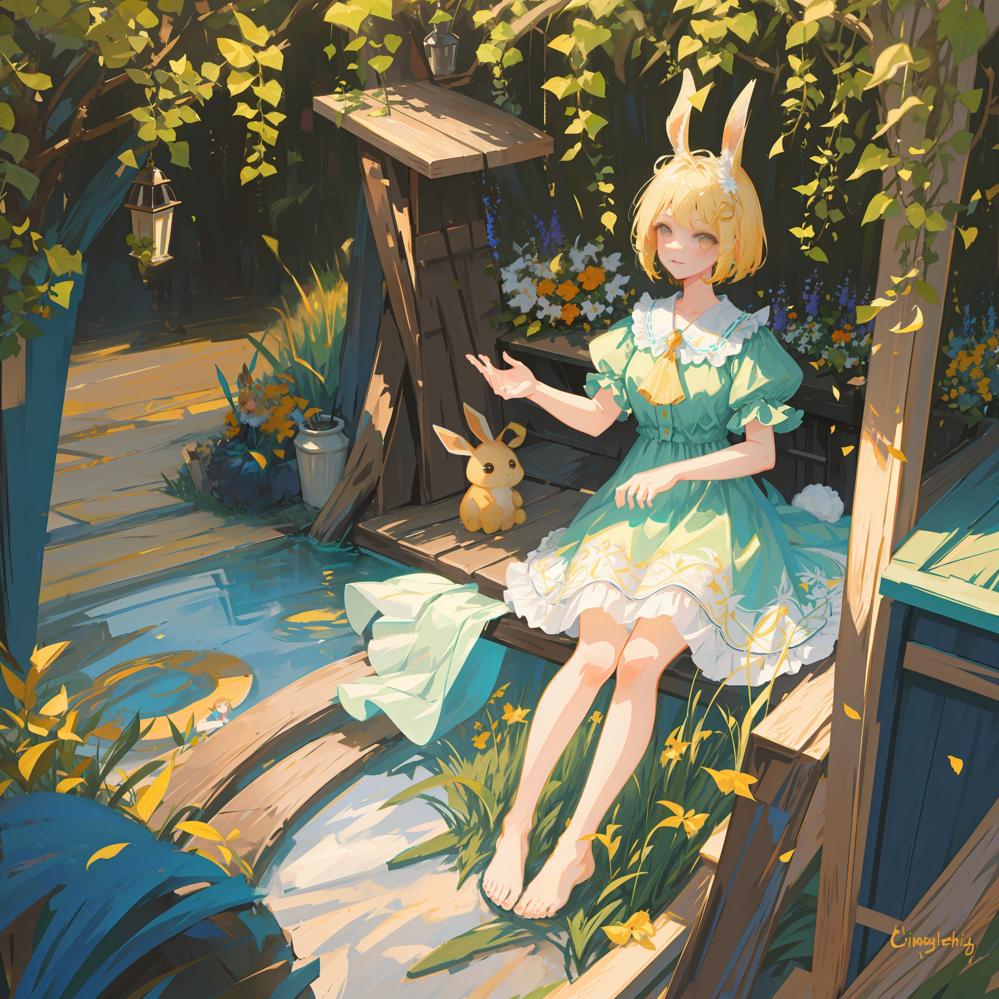 ((masterpiece,best quality)),,( (HD picture)),1girl, solo,((beatiful clear detailed face)),((beatiful detailed eyes)),(beautiful detailed eyelash),animal ears, rabbit, barefoot, knees up, dress, sitting, rabbit ears, short sleeves, looking at viewer, grass, short hair, smile, white hair, puffy sleeves, outdoors, puffy short sleeves, bangs, on ground, full body, vintage dress, sunlight, brown eyes, dappled sunlight, day, depth of field,, hair decoration,exquisite hair,intricate hair ornament, jewelry , soft lighting,gorgeous light and shadow, stunning environment,vibrant colors