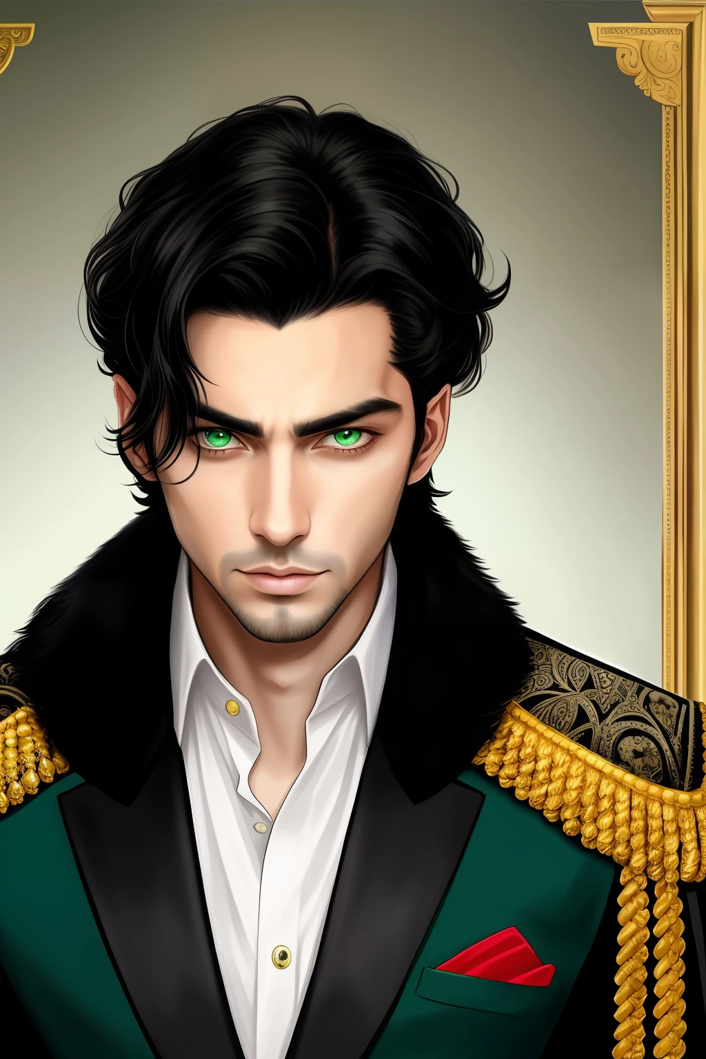 Black Haired Man, Green Eyes, Royalty, Elegant, Bad Boy, High Quality, Highly Detailed, Detailed Face