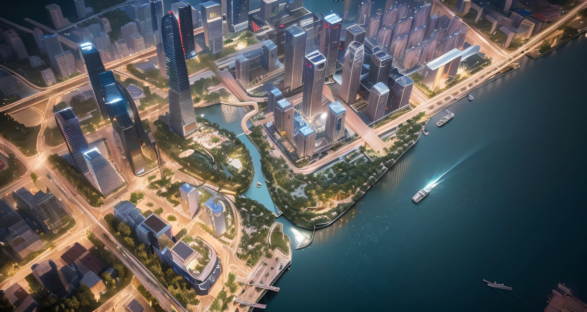 arafly city skyline view, a river in foreground, Guangzhou city, Guangzhou, China, skyline display, skyline, from China, trend, 3D model HD rendering, architectural rendering, Unreal Engine rendering, surrealism, skyscrapers, soothing tones, chinese dreamland, octane rendering, spectacular clouds, fantasy clouds. Part looking to the left, Huancheng, Guangzhou Financial City. Chinese architecture,. The bustling tech building is beyond imagination. Inspired by Shinkai's sought-after concept art and masterpieces on PixiV, vision (wide-angle lens), ultra-high resolution (authenticity: 1.4), ultra-high quality, enhanced detail. Extremely detailed CG Unity 8k wallpapers, aesthetics, award-winning photography, realism, high detail, intricacies, art of travel, realistic 3D animation style, landscape concept art, ultra-high resolution (realism: 1.4), aesthetics, focus, high quality, vivid colors, beautiful reflections, crystal clear water, award-winning photography, 3D lighting and beautiful cinematic lighting. Rich in detail.