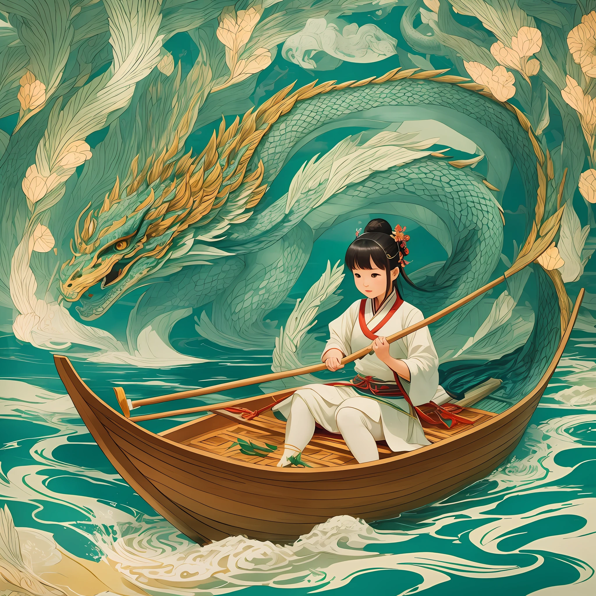 The scene of the Dragon Boat Festival, a cute ancient Chinese girl rowing a boat, accompanied by a charming dragon behind her, with the help of reeds, bright beams of light through pale green and yellowish tones, surreal and ink pictures, showing the fantasy beauty of Qi Baishi's clear outline light and edge light, becoming a mottled light plane illustration, sensually integrated into Disney style, together to paint a gorgeous picture of 8K.