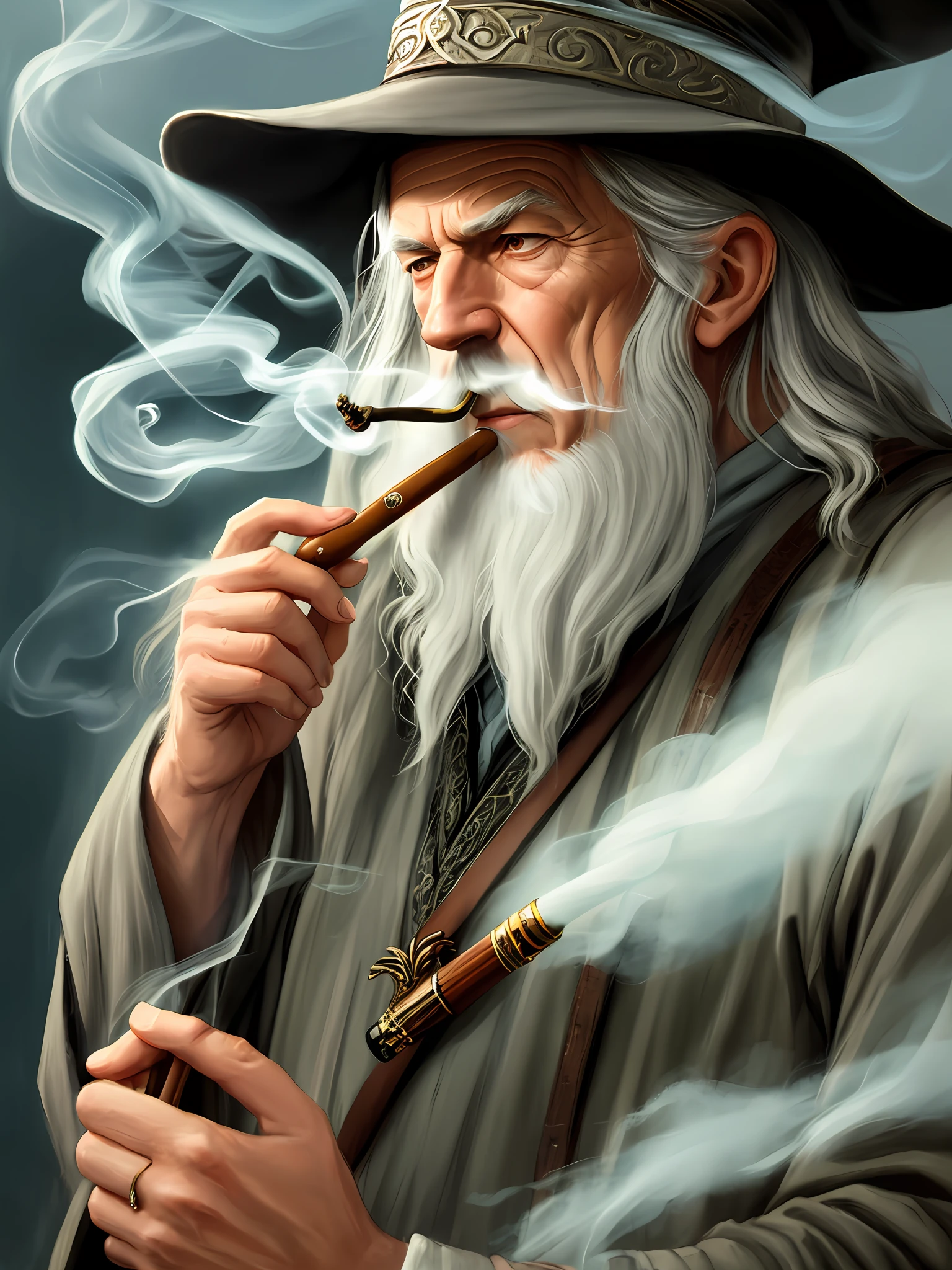 Gandalf smoking a pipe and blowing smoke rings, portrait, (((cartoon style))), lord of the rings, painting
Great wizard's hat, ((((smoke rings))))
Atey Ghailan, by Jeremy Mann, Greg Manchess, Antonio Moro, trending on ArtStation, trending on CGSociety, Intricate, High Detail, Sharp focus, dramatic, photorealistic painting art by midjourney and greg rutkowski, bokeh on background