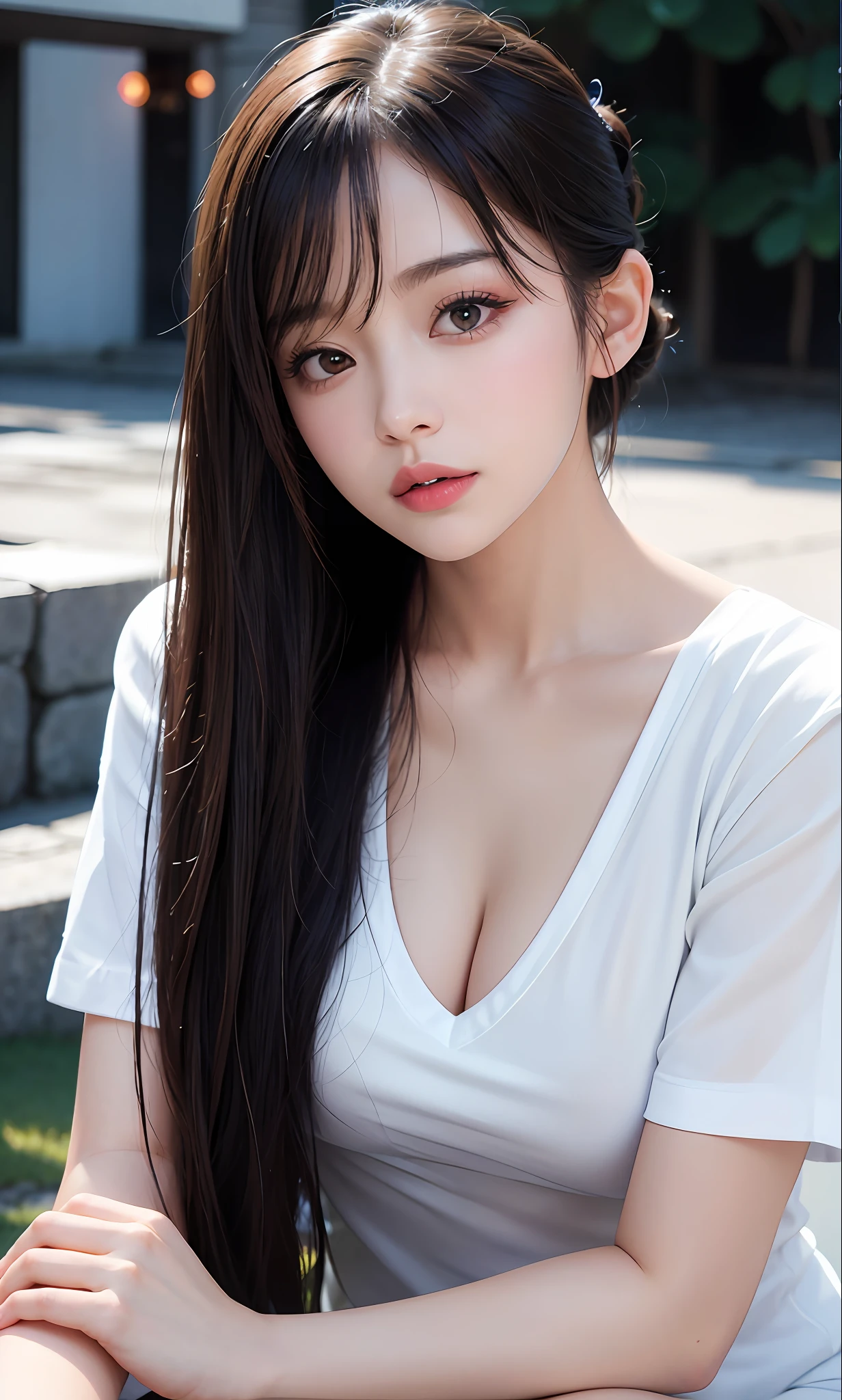 (8k, RAW photos, highest quality, high resolution:1.1), (hyperrealistic:1.4),(realistic, photorealistic:1.3), soft light,realistic face,realistic body,realistic skin,absurdity,masterpiece,(cute:1.8),(slouch:1.8),(from top:1.2),(close-up:1.4),crawling on all fours,POV,( Detailed White Loose T-Shirt:1.2),(Beautiful Nipple Slip:0.9),(Long Hair,Ponytail),(Big:1.2),Cleavage,Detailed Black Eyes,Innocent Eyes,Drooping Eyes,Teary Eyes,Open Lips,Blush,Good Style,Cinema Light,Film Grain,Close Up,Look Viewer,Full Body,Depth of Field, Blurred Background,Eye Focus,Young,85mm Lens, F/ 1.4,Professional Lighting,Portrait,Photon Mapping,Radiosity,Physically Based Rendering,Transparency,Japan Girl,Day,Sunny,Outdoor