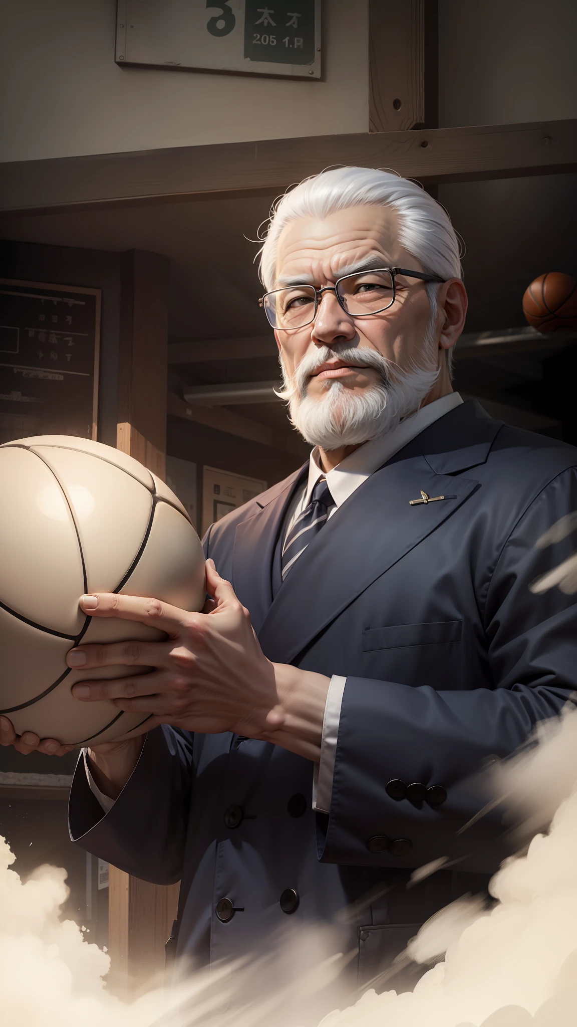 Ordinary oriental old man with gray hair, white beard, with glasses, standing on the playground, holding a basketball kindly, simple, illustrations, --auto --s2