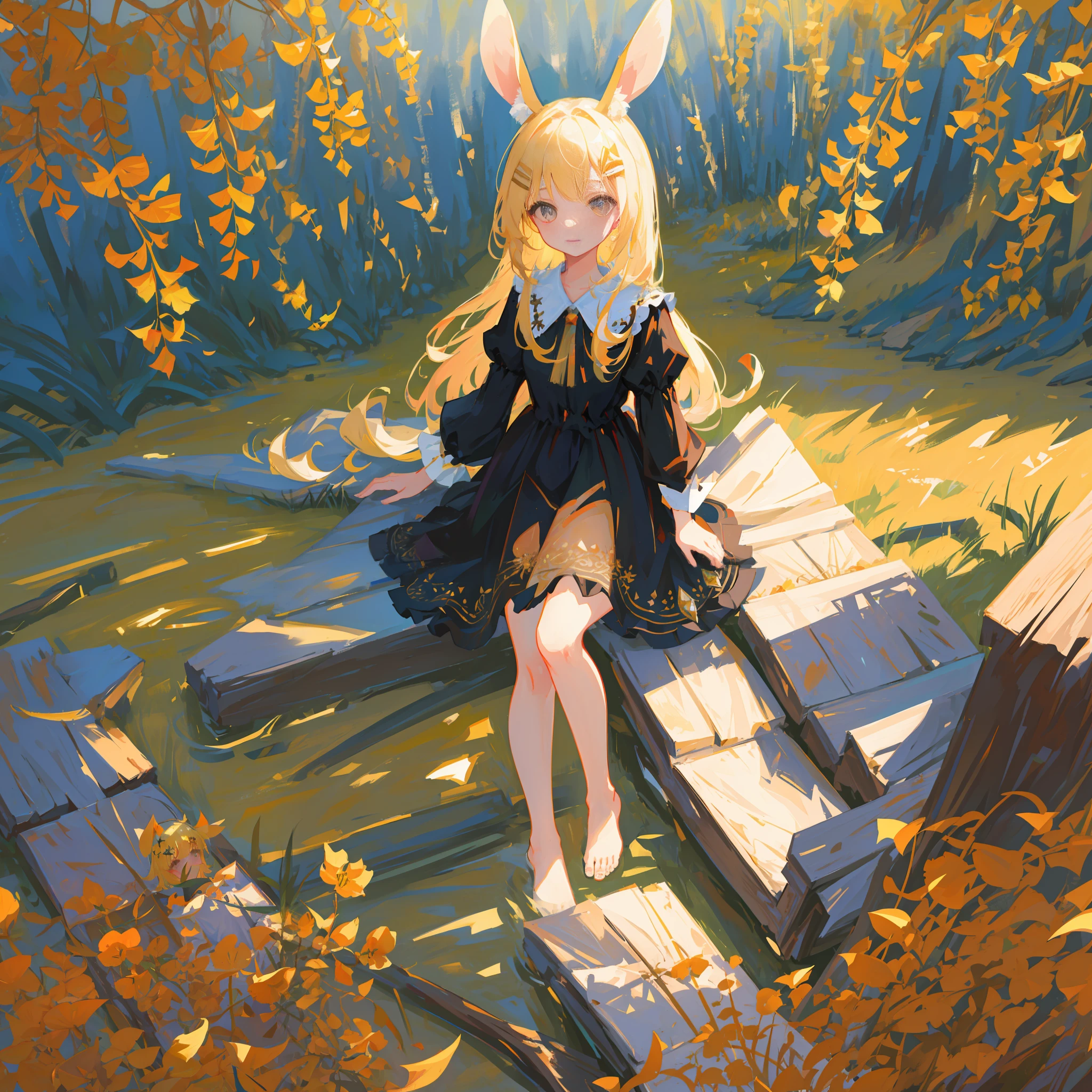((masterpiece,best quality)),,( (HD picture)),1girl, solo,((beatiful clear detailed face)),((beatiful detailed eyes)),(beautiful detailed eyelash),animal ears, rabbit, barefoot, knees up, dress, sitting, rabbit ears, short sleeves, looking at viewer, grass, short hair, smile, white hair, puffy sleeves, outdoors, puffy short sleeves, bangs, on ground, full body, vintage dress, sunlight, brown eyes, dappled sunlight, day, depth of field,, hair decoration,exquisite hair,intricate hair ornament, jewelry , soft lighting,gorgeous light and shadow, stunning environment,vibrant colors