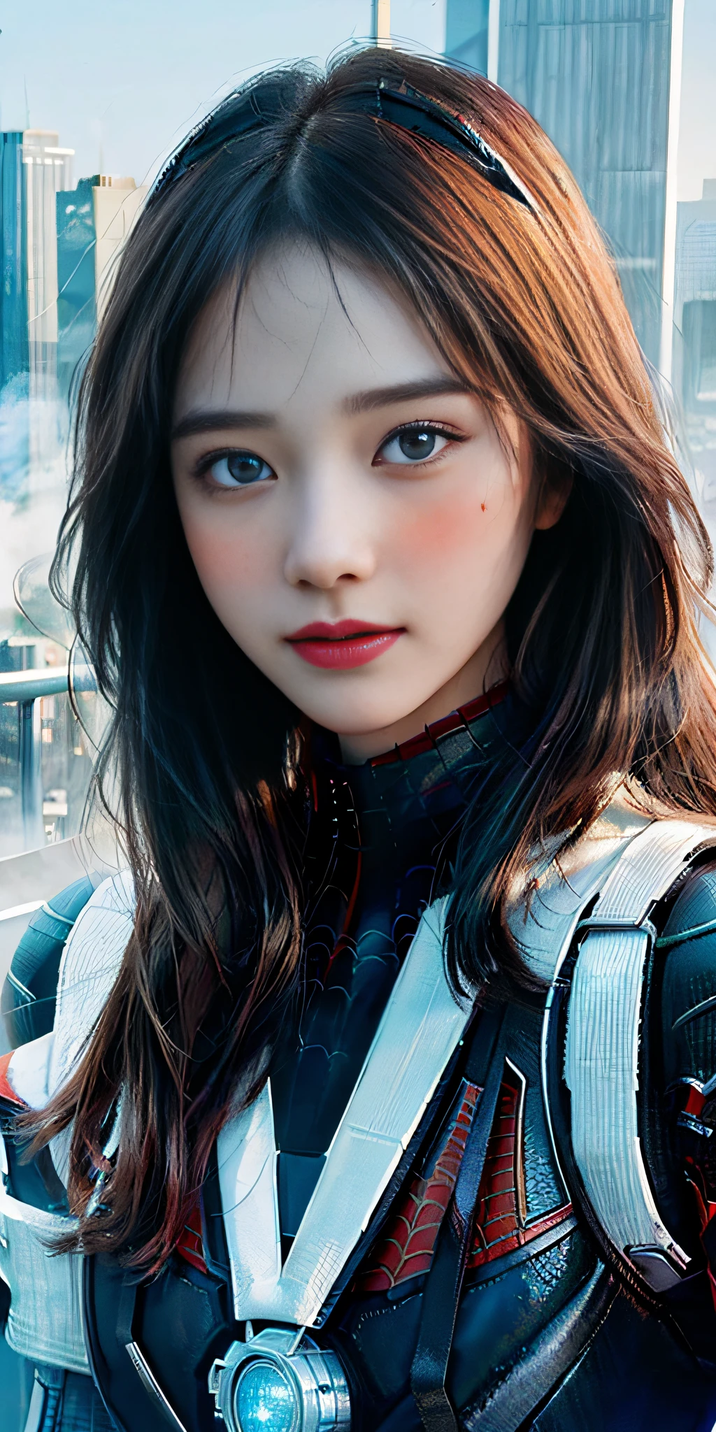(1girl:1.3), Solo, (((Very detailed face)))), ((Very detailed eyes and face)))), Beautiful detail eyes, Body parts__, Official art, Unified 8k wallpaper, Super detailed, beautiful and beautiful, beautiful, masterpiece, best quality, original, masterpiece, super fine photo, best quality, super high resolution, realistic realism, sunlight, full body portrait, amazing beauty, dynamic pose, delicate face, vibrant eyes, (from the front), She wears Spider-Man suit, red and black color scheme, spider, very detailed city roof background, rooftop, overlooking the city, detailed face, detailed complex busy background, messy, gorgeous, milky white, highly detailed skin, realistic skin details, visible pores, clear focus, volumetric fog, 8k uhd, DSLR, high quality, film grain, fair skin, photo realism, lomography, futuristic dystopian megalopolis, translucent