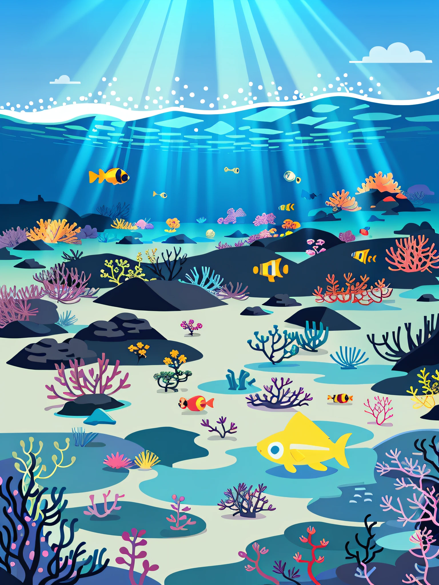Under the sea, divers are looking for fish, flat illustrations, GUIs, minimalism, bright color schemes