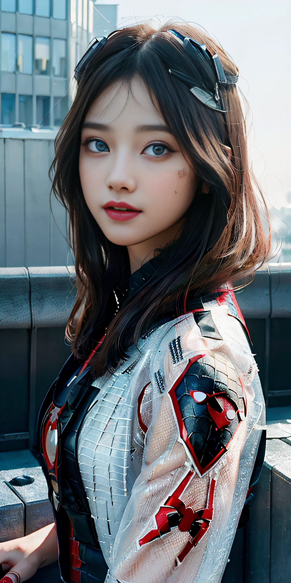 (1girl:1.3), Solo, (((Very detailed face)))), ((Very detailed eyes and face)))), Beautiful detail eyes, Body parts__, Official art, Unified 8k wallpaper, Super detailed, beautiful and beautiful, beautiful, masterpiece, best quality, original, masterpiece, super fine photo, best quality, super high resolution, realistic realism, sunlight, full body portrait, amazing beauty, dynamic pose, delicate face, vibrant eyes, (from the front), She wears Spider-Man suit, red and black color scheme, spider, very detailed city roof background, rooftop, overlooking the city, detailed face, detailed complex busy background, messy, gorgeous, milky white, highly detailed skin, realistic skin details, visible pores, clear focus, volumetric fog, 8k uhd, DSLR, high quality, film grain, fair skin, photo realism, lomography, futuristic dystopian megalopolis, translucent