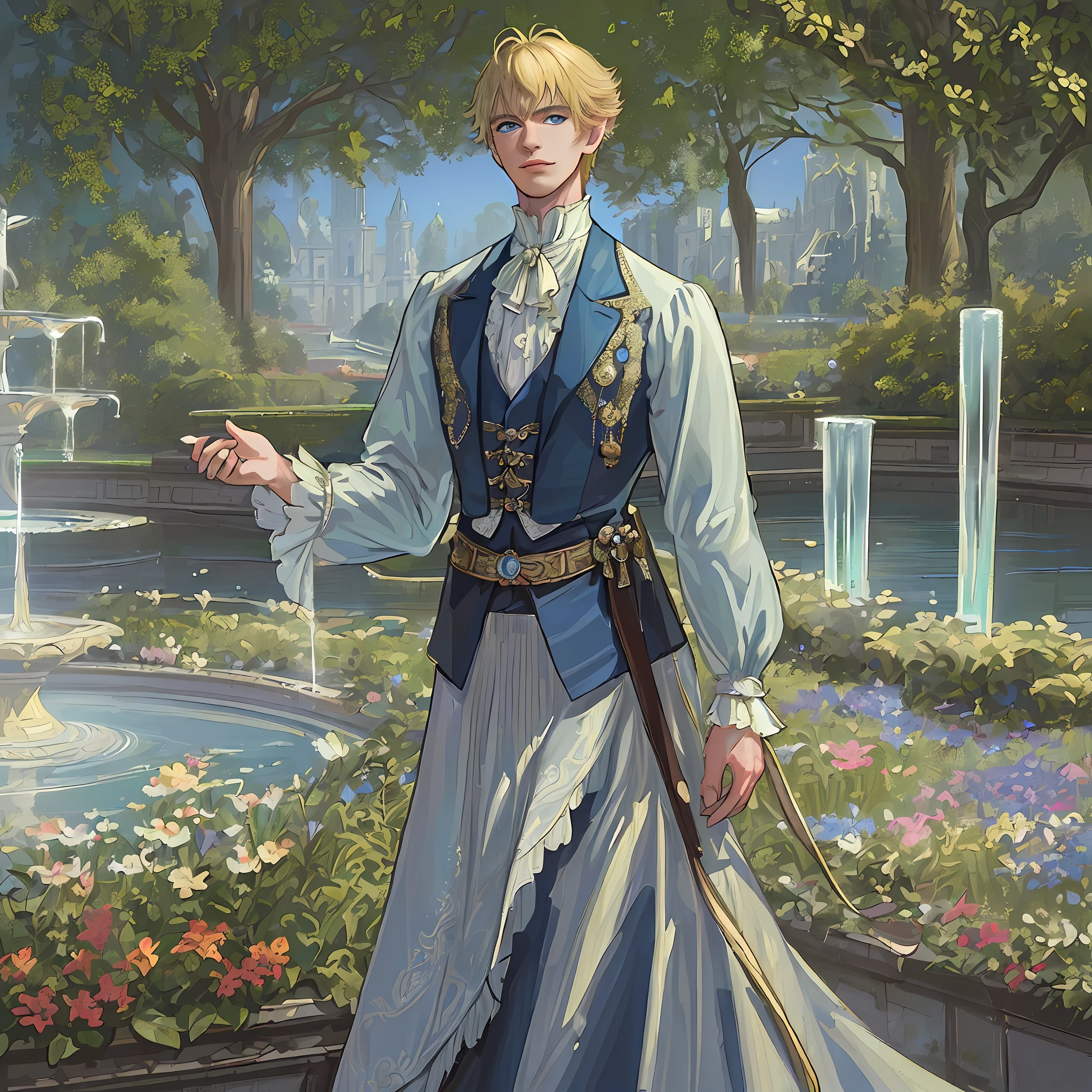 ((((masterpiece)))), (best quality), ((Hyper detailed)), ((High detail)), ((Exquisite detail)), (1 boy), (solo), (cowboy shot), (looking at viewer),((outside)), (((antique))), ((palace)), ((garden)), ((fountain)),
(flower), (( male)),((victorian outfit)), ((tall and muscular)), ((whiskermark)), (short hair), uzumaki naruto, ((blonde hair)), detailed lips, prince, ((blue eyes))
