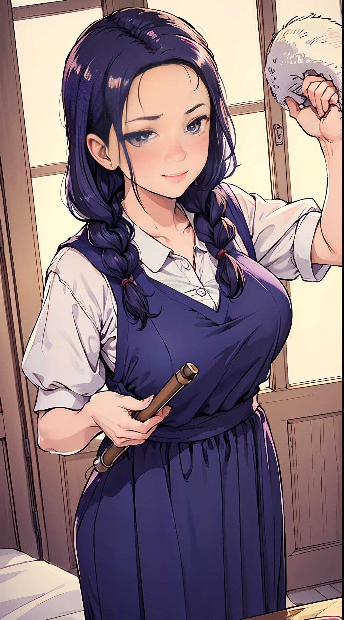 Close-up of a housewife cleaning her room, eyes not looking at the camera, shy look, blushing mother, a braid, smooth skin, very detailed clothes, intriguing suit, extremely high detail, random movements, interior scene, big breasts, happy, kind, milf