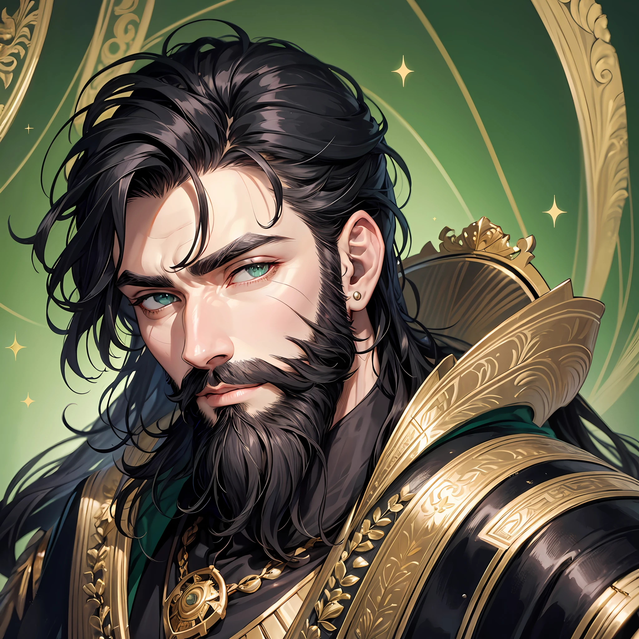 Black Haired Man, Green Eyes, Royalty, Elegant, Bad Boy, High Quality, Highly Detailed, Detailed Face with Beard --auto --s2