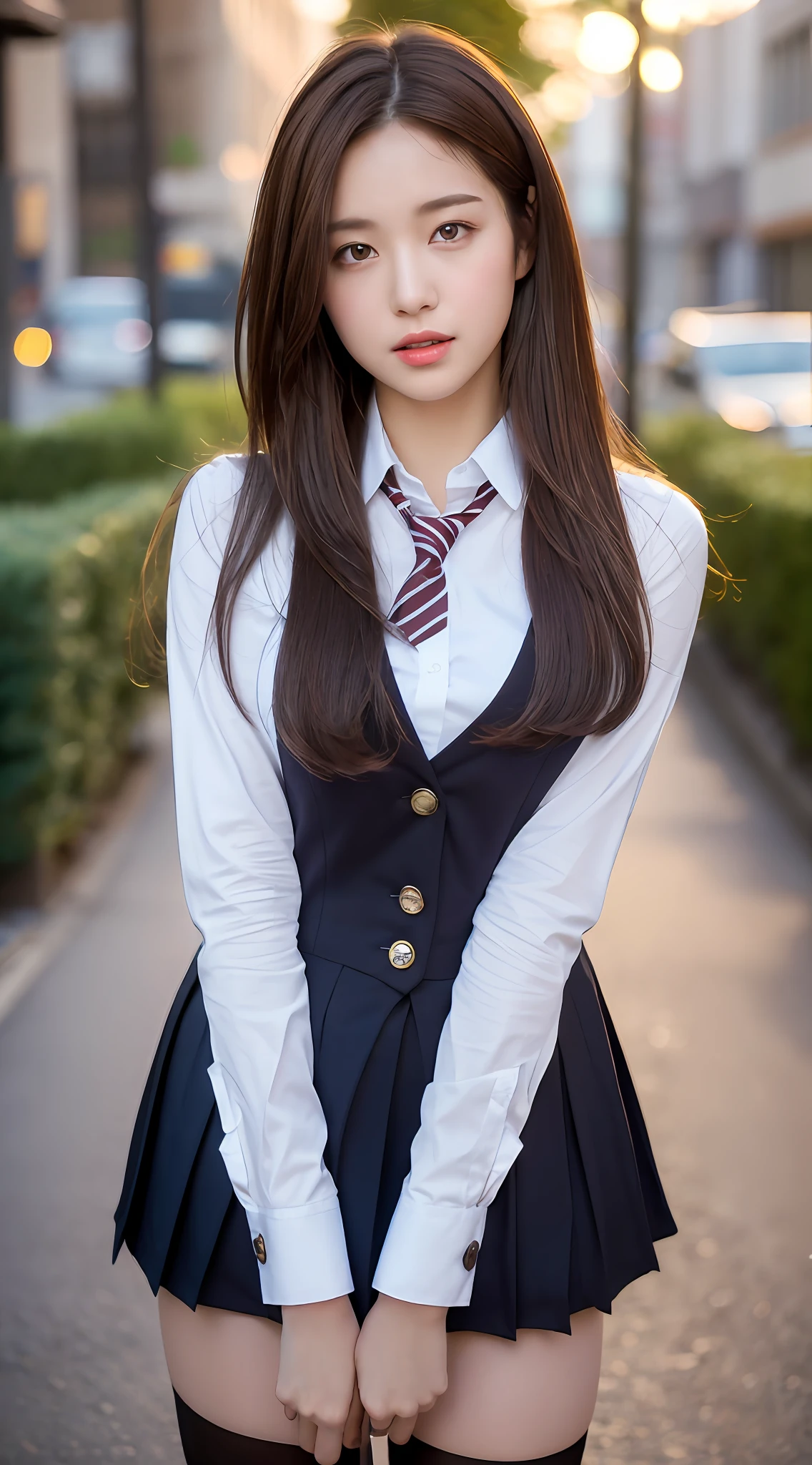 ((Realistic lighting, Best quality, 8K, Masterpiece: 1.3)), Clear focus: 1.2, 1girl, Perfect Beauty: 1.4, , ((dark brown hair)), (School uniform: 1.4), White stockings, (Outdoor, Night: 1.1), City streets, Super fine face, Fine eyes, Double eyelids,