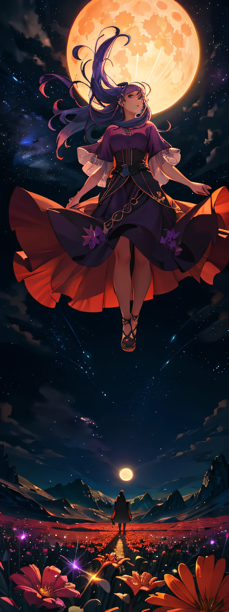 expansive landscape photograph , (a view from below that shows sky above and open field below), a girl standing on flower field looking up, (full moon:1.2), ( shooting stars:0.9), (nebula:1.3), distant mountain, tree BREAK
production art, (warm light source:1.2), (Firefly:1.2), lamp, lot of purple and orange, intricate details, volumetric lighting, realism BREAK
(masterpiece:1.2), (best quality), 4k, ultra-detailed, (dynamic composition:1.4), highly detailed, colorful details,( iridescent colors:1.2), (glowing lighting, atmospheric lighting), dreamy, magical, (solo:1.2)