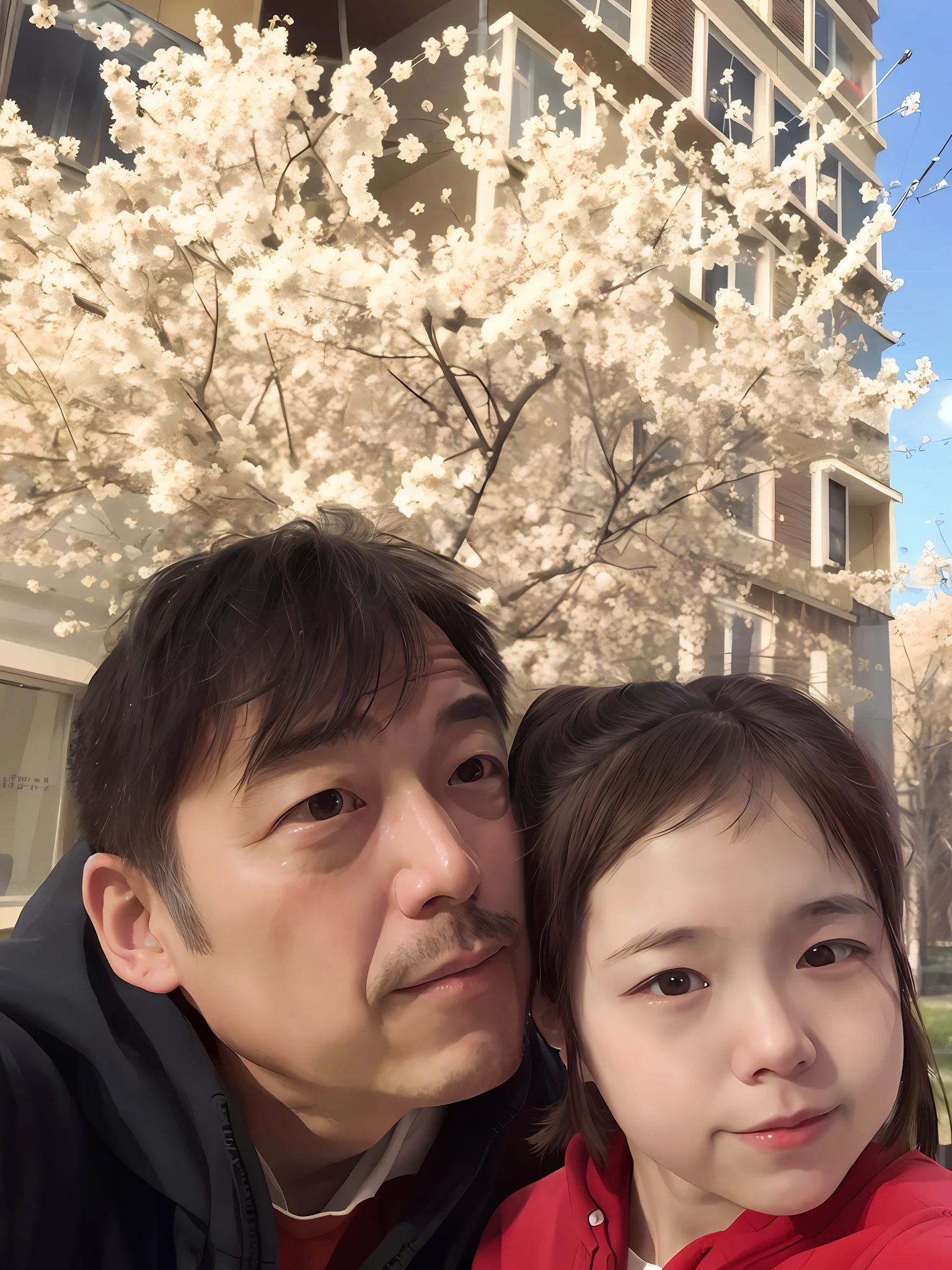 Makoto Shinkai style, super detailed CG, cool father and cute intimate daughter, movie poster feeling.
