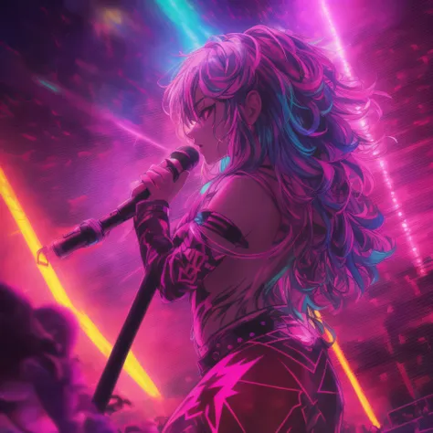 (stage scene, neon lights, smoky colors, psychedelic effects, crowd shouting, (lead singer + reflective lens + lightning hair: 1...