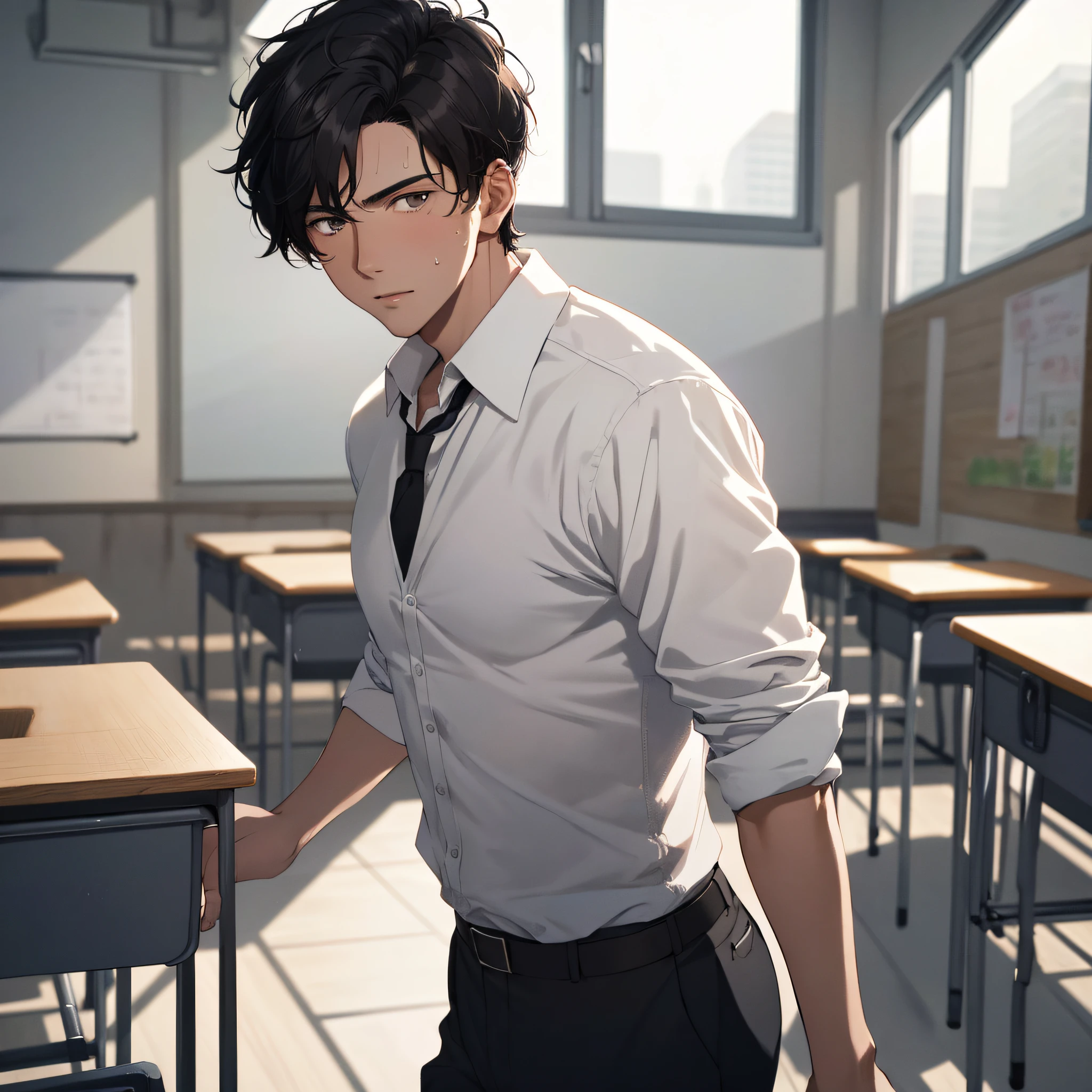A young man with short black hair in a white blouse about twenty years old standing in the classroom (school classroom 1.5 in the background) (expression shocked, exaggerated 1.5) (sweat 1.3) (best quality: 1.1) (masterpiece: 1.3) with an unparalleled masterpiece, surreal 8K, perfect artwork, super detail, best quality, masterpiece 4K wallpaper aesthetics, masterpiece, award-winning artwork, official art, cinematic lighting (handsome young man 1.5) (handsome guy 1.5)