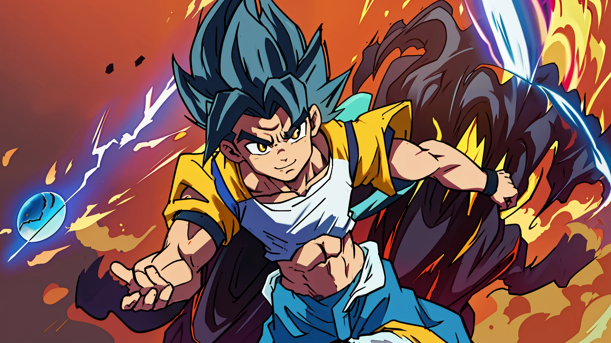 gogeta, black hair, yellow pads, blue cloth, white pants, dark shoes, dark armbands, smug face, hd, highres