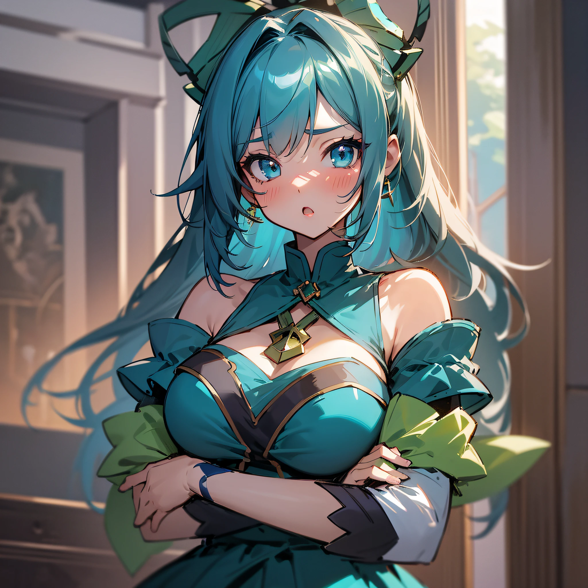 masterpiece, best quality, ultra-detailed, epic lighting, cinematic composition, anime coloring, 2d, anime, 1girl, solo, medium breasts, hair ornament, hair rings, (blue shirt:1.1), green bow, detached sleeves, bare shoulders, blue skirt, looking at viewer, :o, blush, crossed arms, from below, tavern (8k:1.1) --auto --s2