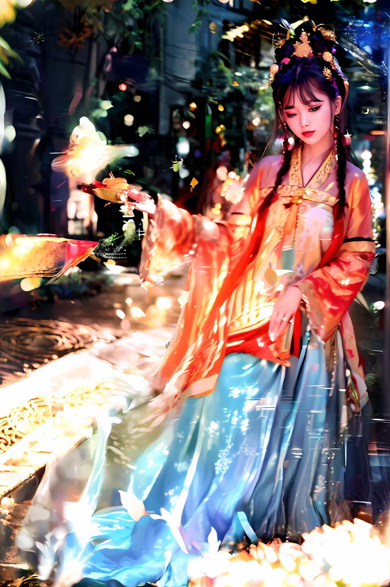 Highly detailed CG unity 8k wallpaper, (masterpiece), (best quality), (super detail), (surreal), (best character detail: 1.36), Nikon d750 f/1.4 55mm, dynamic angle, professional lighting, photon mapping, radiosity, physically based rendering, outdoor, busy street, watching viewer,blush, one girl,mature woman,, Tall, Golden Proportions, (Kpop Idol),(Glossy Skin:1.2),(Oily Skin:1.1),Makeup,[:(High Definition Face:1.2):0.2]:,PureErosFace_v1,(Wavy gray hair and sophisticated style)),(Charm: 1),(Puffy eyes),(Eyelashes:1.1), (Open lips: 1.1), Red lipstick, Wide shoulders, (Middle chest:1.1) , (cleavage: 1.1), beast ears, (big ass: 1.2), thigh socks, han clothes, tang dynasty, tang clothes