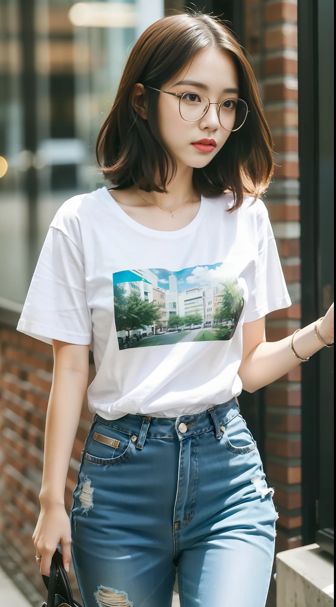 white t-shirt, beautiful girl, glasses, urban