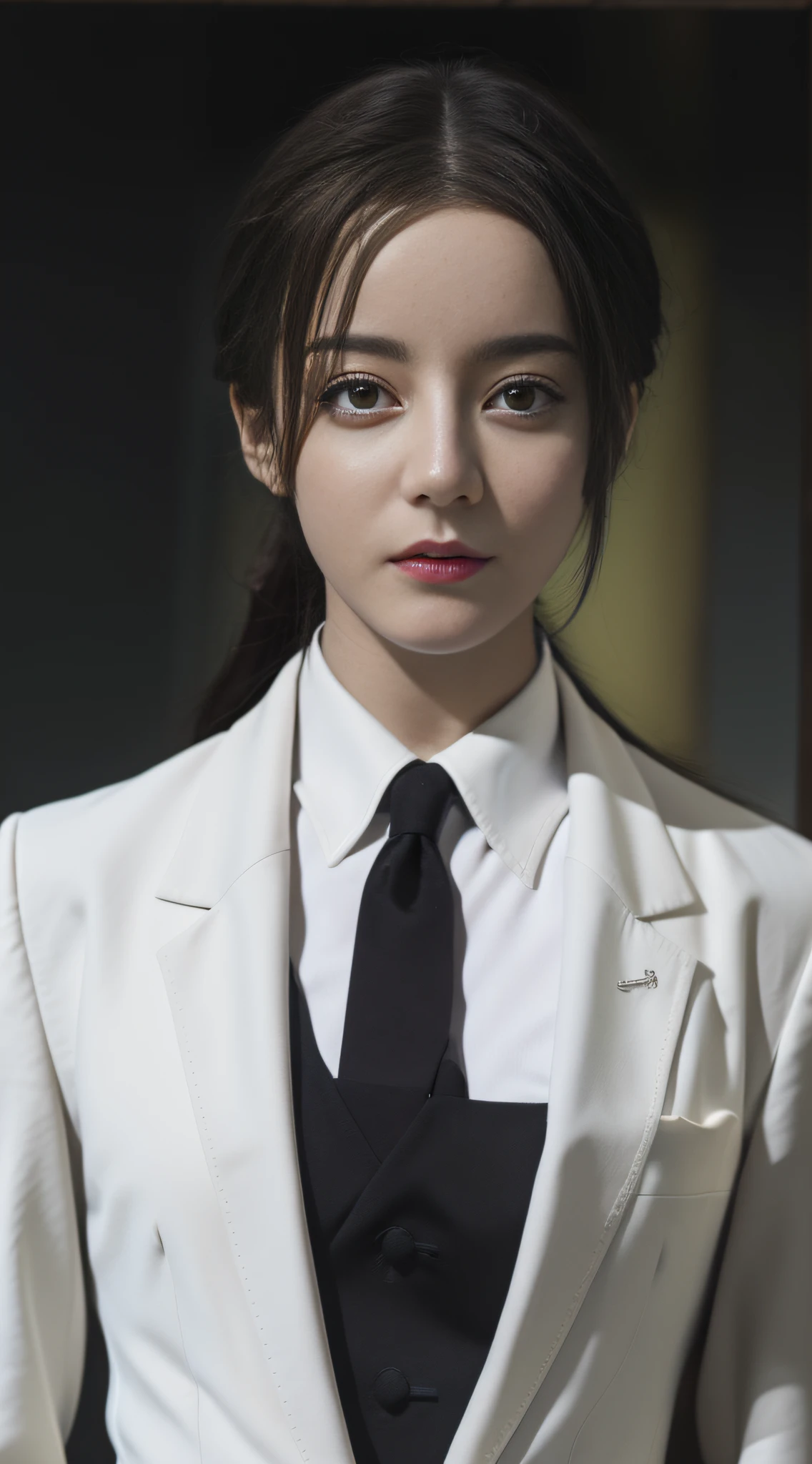 The best quality, masterpiece, realistic photos, intricate details, original photos, full-body photos, selfies, ID photos, white shirts, neat black suits, straight clothes, looking at the camera, frontal perspective, movie lighting