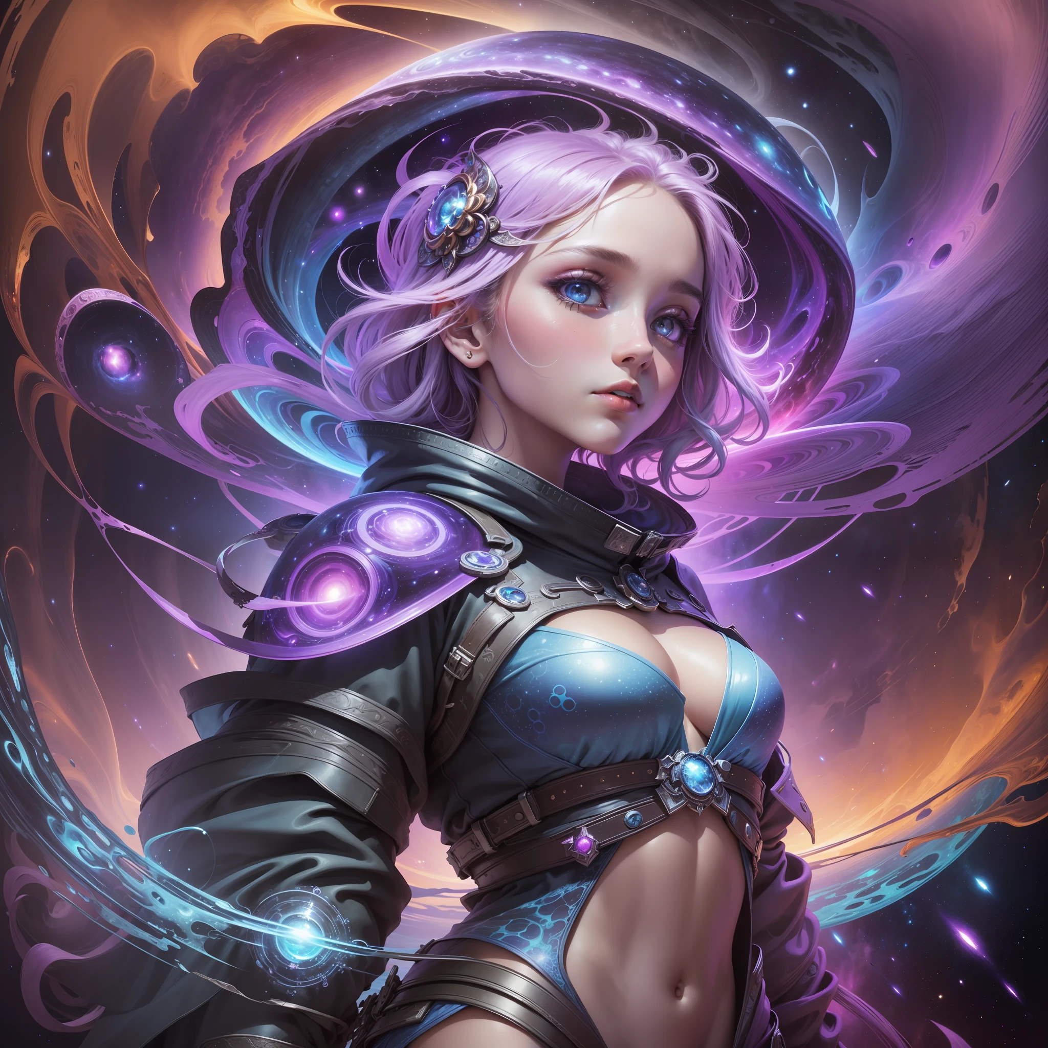 1girl,(masterpiece:1.1), (best quality:1.1), cowboy shoy,Surreal , abstract ,galactic theme. vibrant and bold colors, ((color palette: deep blues, purples, and pinks )), glowing neon effect, stunning,otherworldly effect, swirling shapes and patterns, stars, planets, cosmic dust , universe.  cute and gorgeous girl gazing out at the vast expanse of space, she has a halo of light, spiritual and mystical connection to the cosmos,dreamlike ,imaginative,  (extreme detailed, highest detailed, official art, beautiful ,aesthetic),