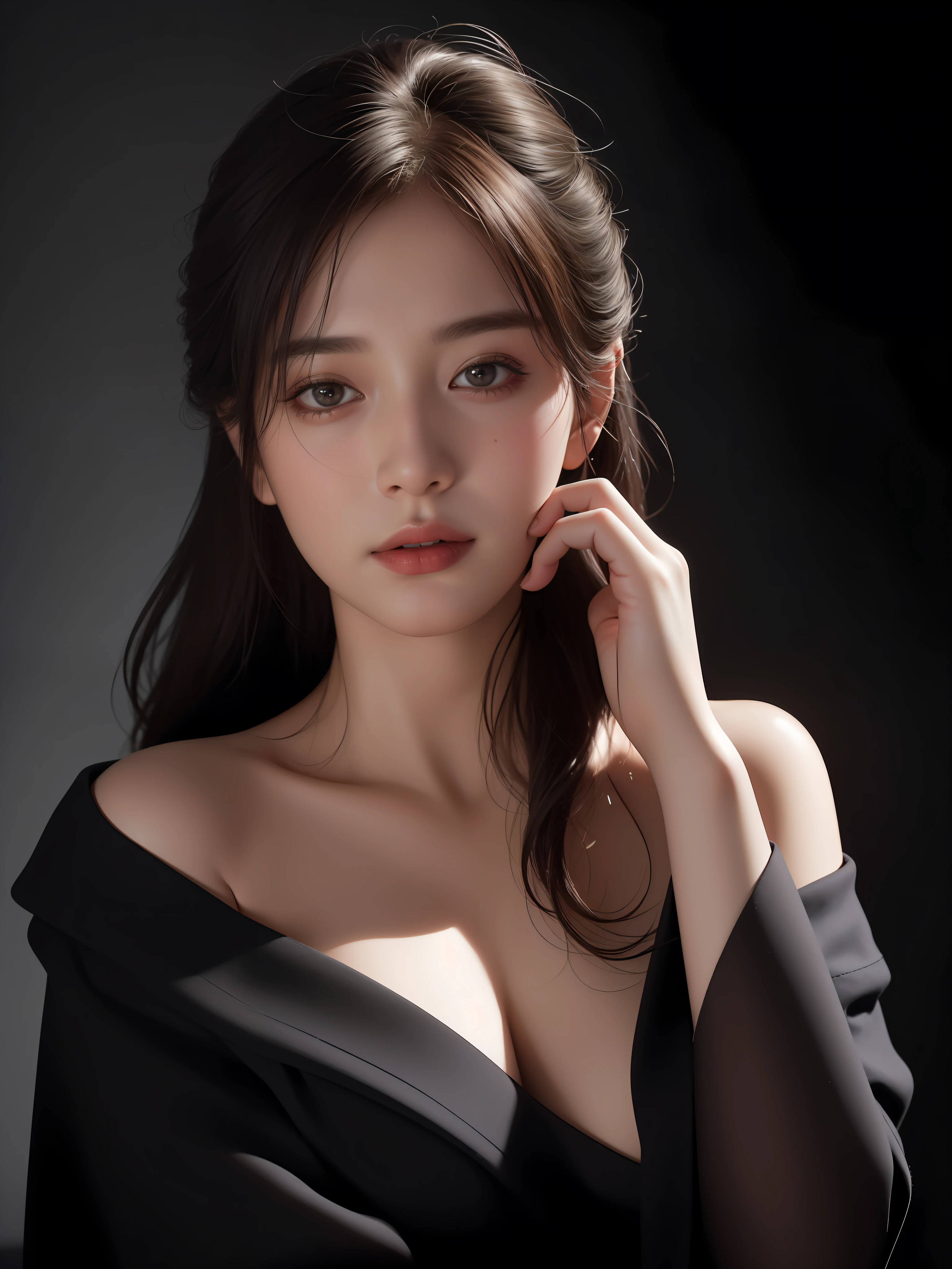 Best quality, masterpiece, ultra high res, (photorealistic:1.4), raw photo, 1woman , Aged 52, offshoulder, in the dark, deep shadow, low key, cold light