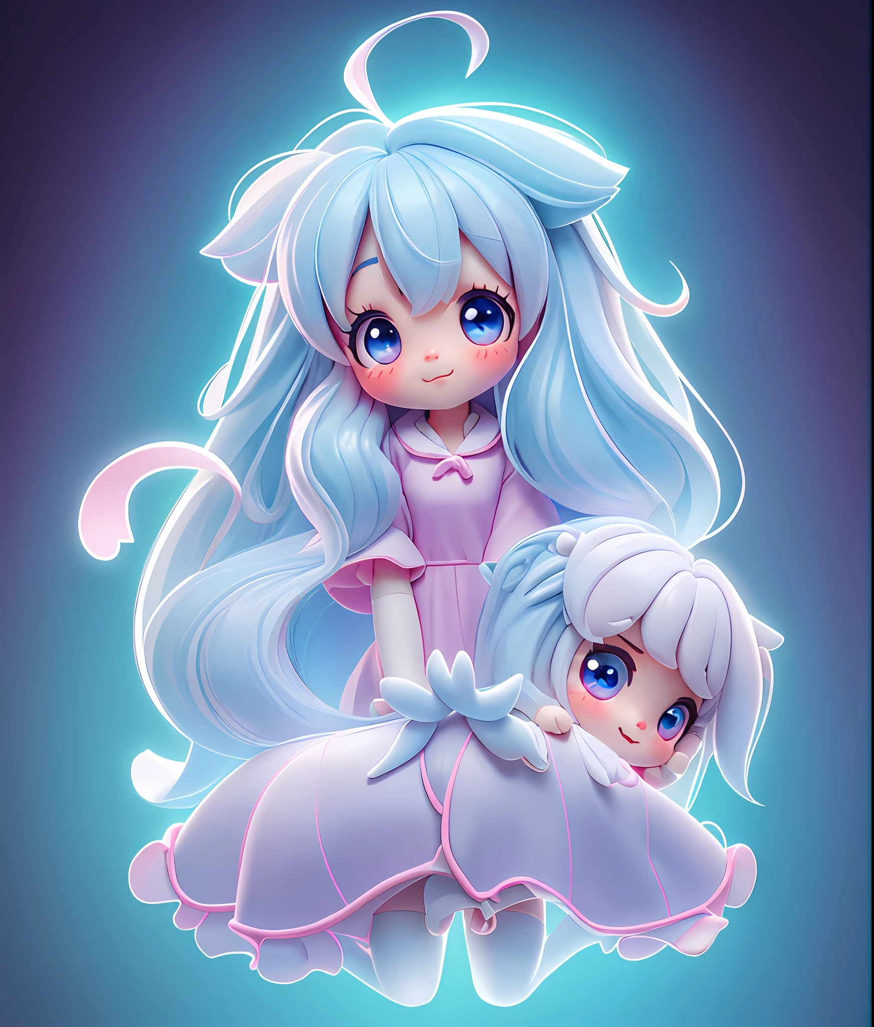 A drawing of a long-haired girl and a cat, super cute girl full body 3d drawing, 1 pc, good looking eyes, big eyes, cute, happy, c4d, pop matt blind box, white long hair, glowing bubbles, toys, solid color background, chibi, fluorescent translucency, luminescence, kawaii, doll, reference sheet, pop mart blind box, Pixar, intricate details, 3d rendering, blender, OC renderer, fol body reference sheet, Dribble, High Details, 8K, Studio Lighting, Loli, Petite, Child, Chibi, SD characters: 1.1, Magic Lab background