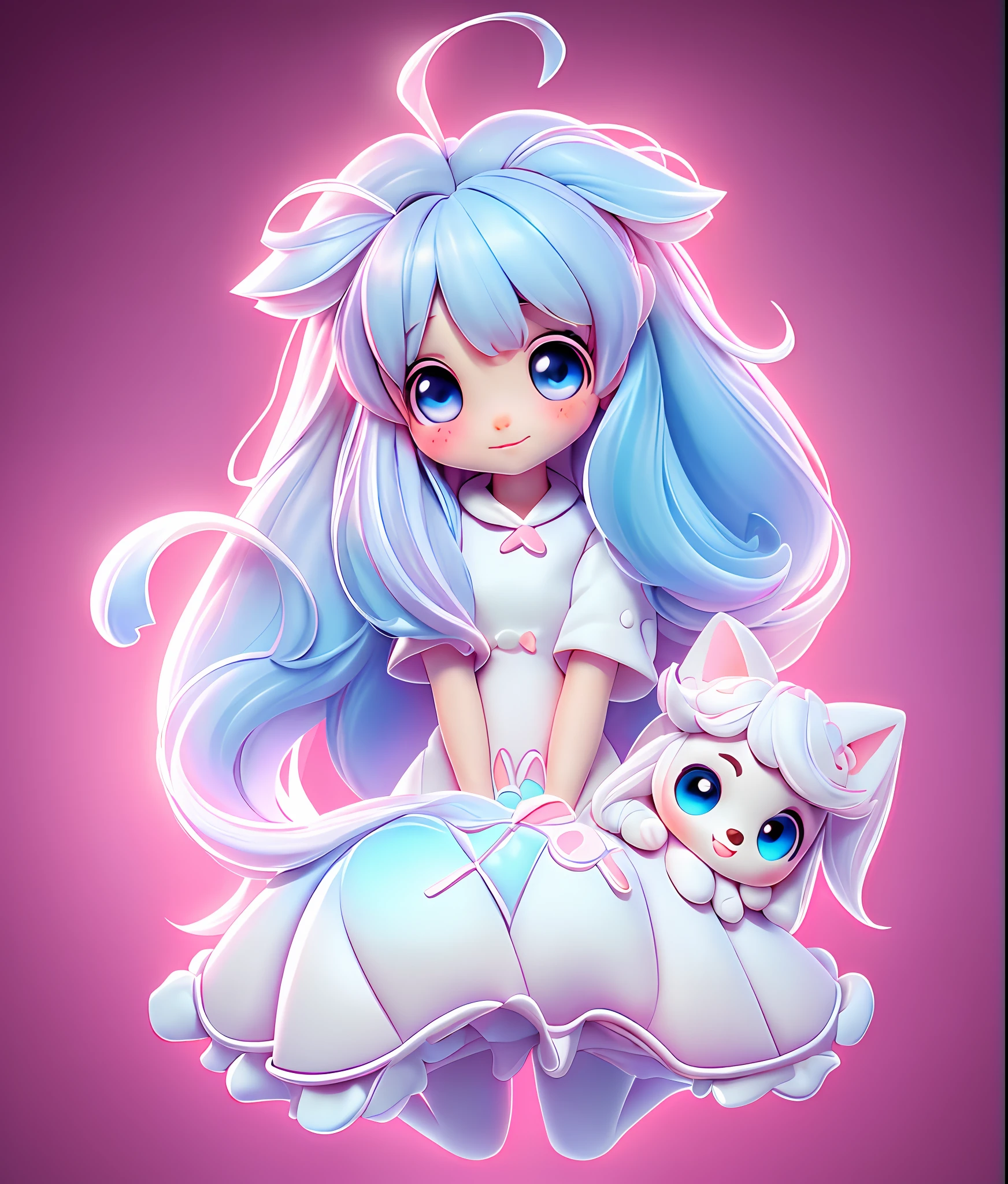 A drawing of a long-haired girl and a cat, super cute girl full body 3d drawing, 1 pc, good looking eyes, big eyes, cute, happy, c4d, pop matt blind box, white long hair, glowing bubbles, toys, solid color background, chibi, fluorescent translucency, luminescence, kawaii, doll, reference sheet, pop mart blind box, Pixar, intricate details, 3d rendering, blender, OC renderer, fol body reference sheet, Dribble, High Details, 8K, Studio Lighting, Loli, Petite, Child, Chibi, SD characters: 1.1, Magic Lab background