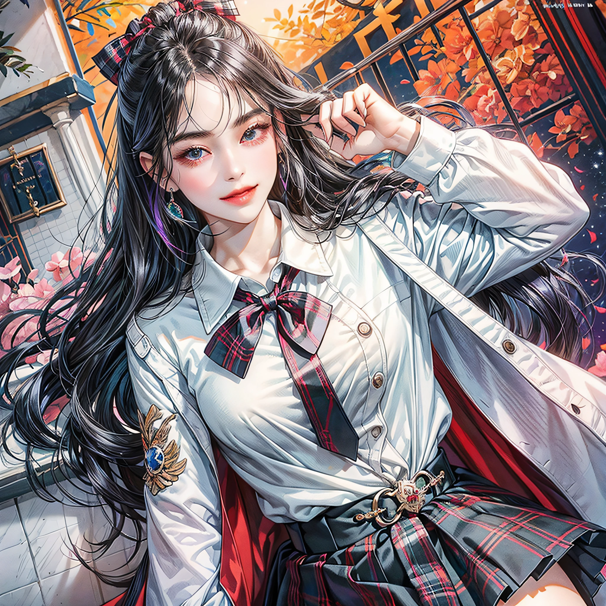 masterpiece, best quality, full body, 1girl, bangs, wink, red ribbon, black hair, blue skirt, blush, bracelet, red ribbon, clothes around waist, collarbone, collar shirt, cowboy shot, dress shirt, rainbow eyes, eyebrows visible through hair, gradient hair, smile, gal, jewelry, kogal, long hair, look at viewer, white coat, school uniform under lab coat, piercings, plaid skirt, pleated skirt, iridescent eyes, ring, school uniform, shirt, skirt, smile, solo, white shirt, street, sky, cherry, petal, illustration, (Magazine: 1.3), (Cover style: 1.3), elegant, woman, vibrant, clothing, posing, frontal, colorful, dynamic, background, element, confidence, expression, holding, statement, accessory, majestic, roll , around, touch, scene, text, cover, bold, eye-catching, title, stylish, font, catchy, headline, bigger, impressive, modern, fashionable, focus, fashion --auto --s2