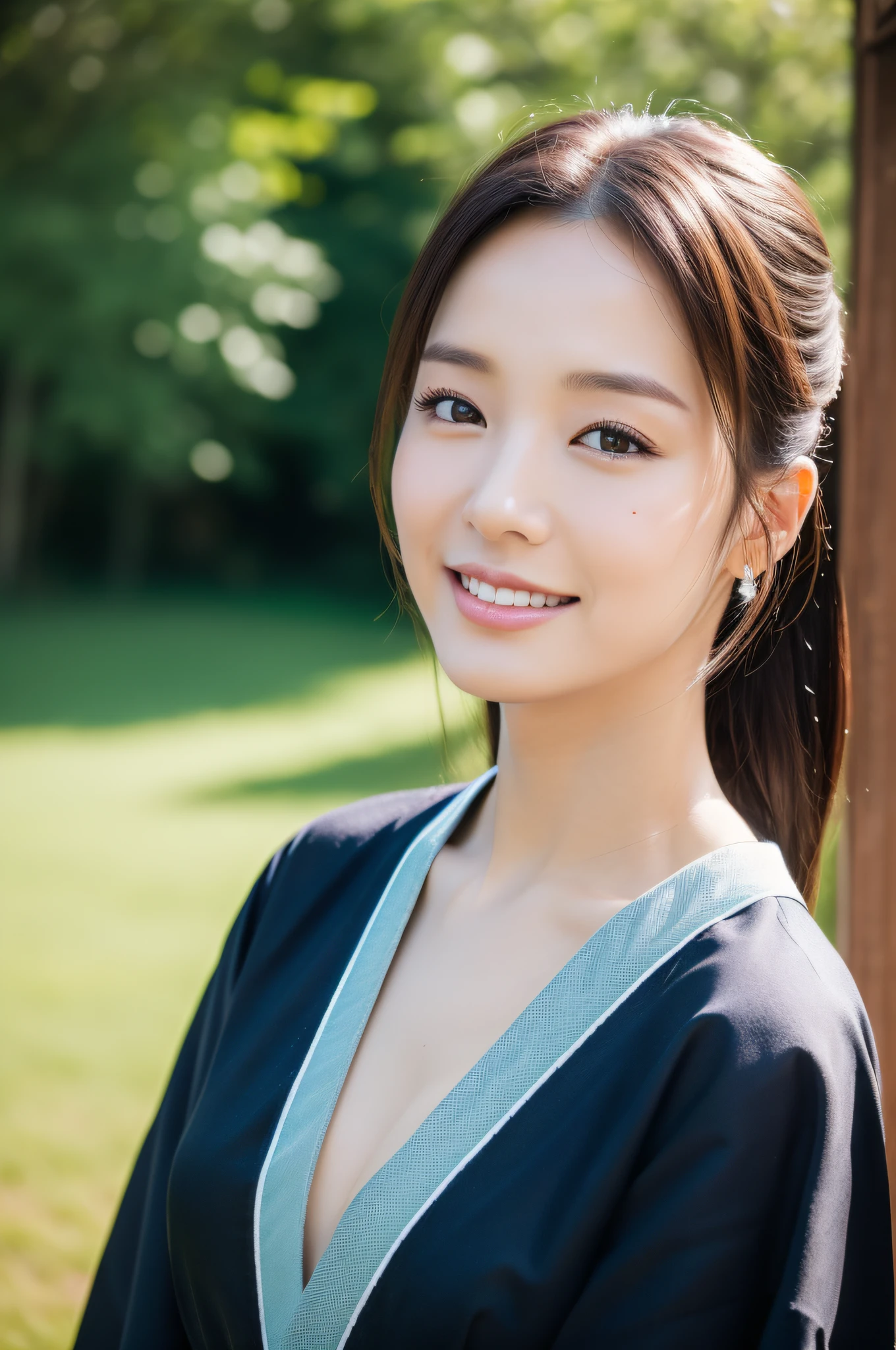 ((Top Quality, 8K, Masterpiece: 1.3)), Sharp Focus: 1.2, (Super Beautiful Face: 1.0), (Slender Abs Beauty: 1.0), (Shiny Skin: 1.0), Realistic Photography, Black Hair, Realistic Pupils, Video Lighting, High Definition Eyes and Face, Video Lighting, (Cowboy Shot: 1.0), kimono, hakama, obi, happy in nature