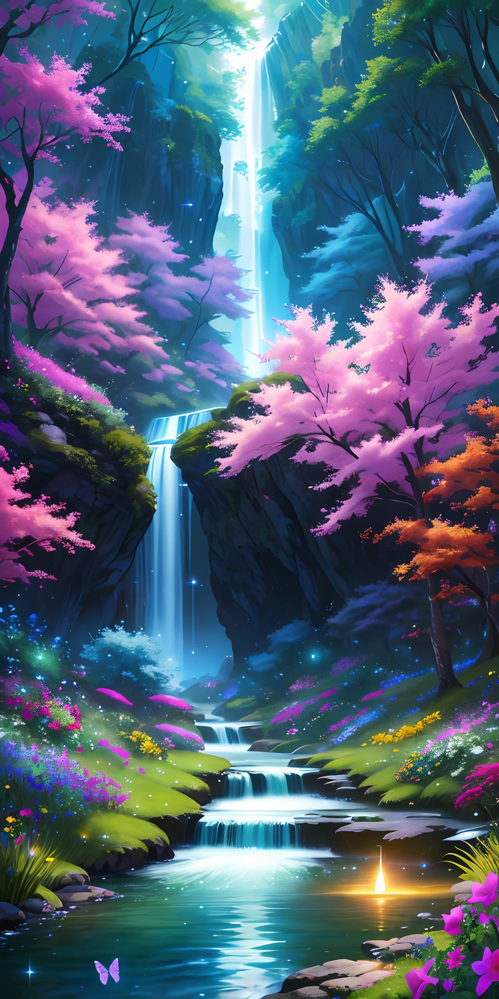 masterpiece, best quality, high quality, extremely detailed cg unity 8k wallpaper, an extremely colorful and purely fantasy environment with vibrant hues and a bright night sky, sky full of stars, landscape of bright green grass, colorful trees, glittering fruits, and bright glowing blue flowers. the streams are a deep shade of black, and the air is filled with sweet exotic scents. the environment appears to be taken out of a dream, with luminescent butterflies and giant colorful birds flying around, award winning photography, bokeh, depth of field, hdr, bloom, chromatic aberration ,photorealistic,extremely detailed, trending on artstation, trending on cgsociety, intricate, high detail, dramatic, art by midjourney