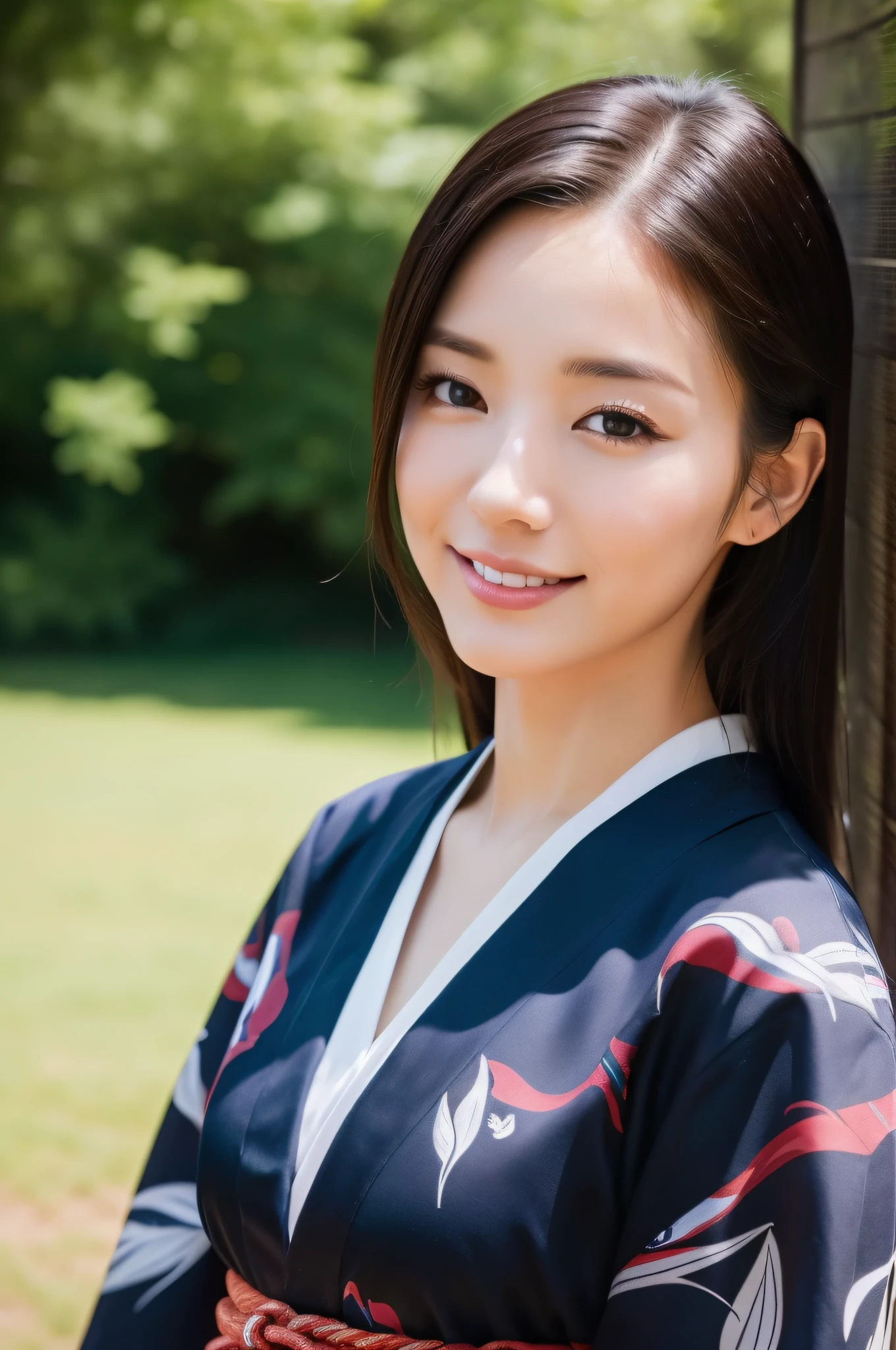((Top Quality, 8K, Masterpiece: 1.3)), Sharp Focus: 1.2, (Super Beautiful Face: 1.0), (Slender Abs Beauty: 1.0), (Shiny Skin: 1.0), Realistic Photography, Black Hair, Realistic Pupils, Video Lighting, High Definition Eyes and Face, Video Lighting, (Cowboy Shot: 1.0), kimono, hakama, obi, happy in nature