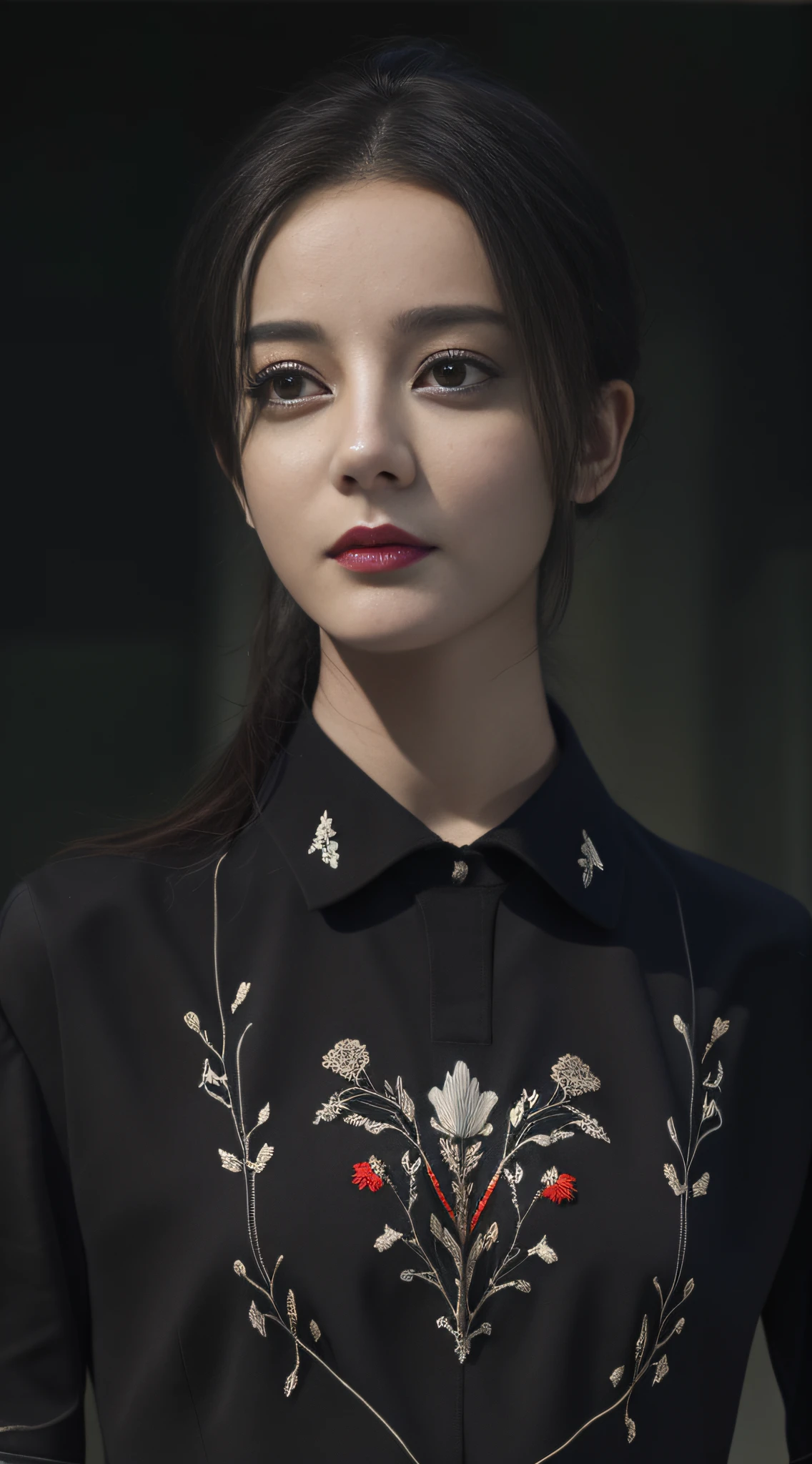 Best quality, masterpiece, realistic photos, intricate details, original photos, full body photos, selfies, ID photos, black shirts, neat black suits, straight clothes, embroidery, looking at the camera, frontal perspective, movie lighting