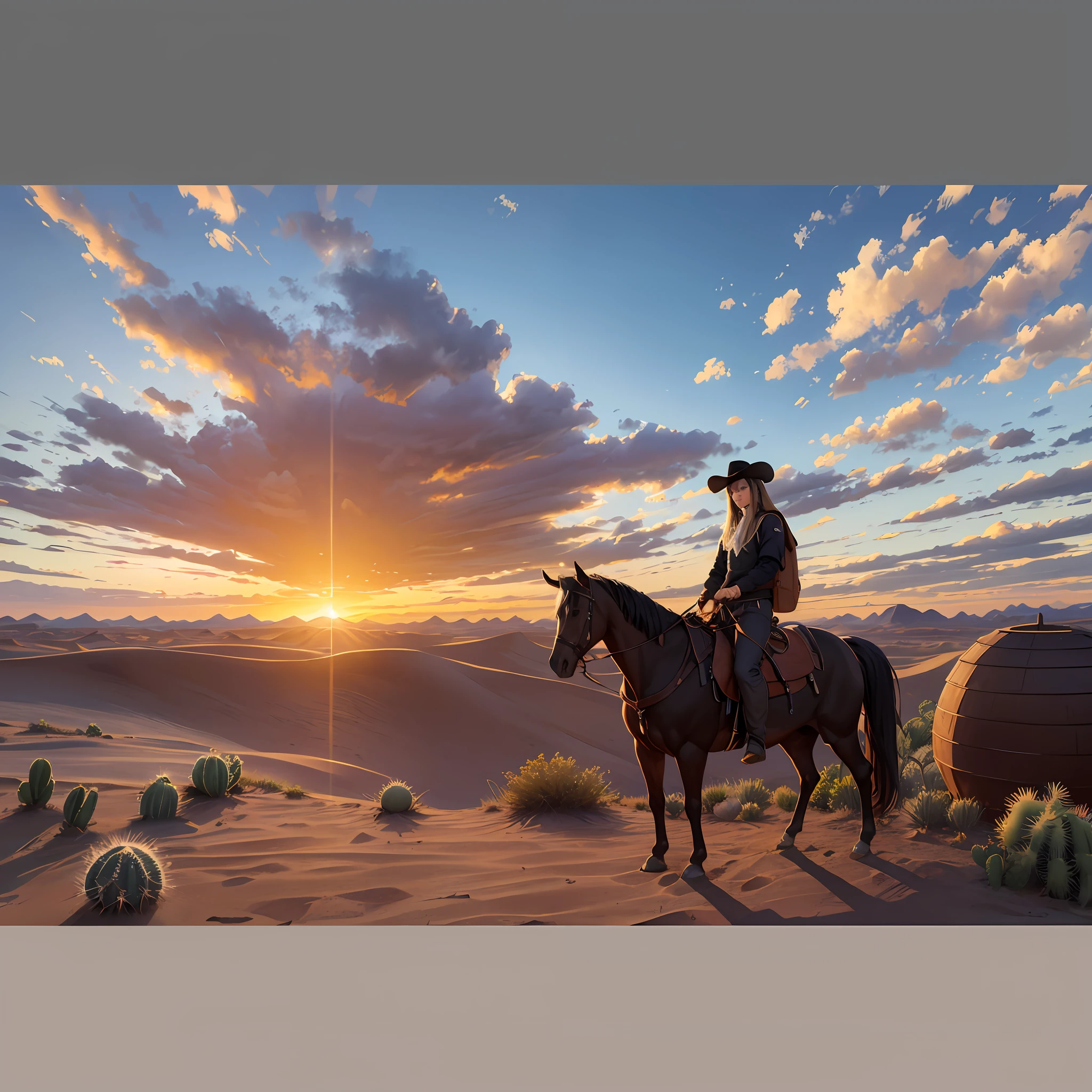 8k,best quality, masterpiece-1.2) realistic,360° view,full-body,High revolution, ultra detailed,award winning picture, cowboy, riding Balck horse, desert,sun set time, cactus, brown hut, sandee --auto --s2