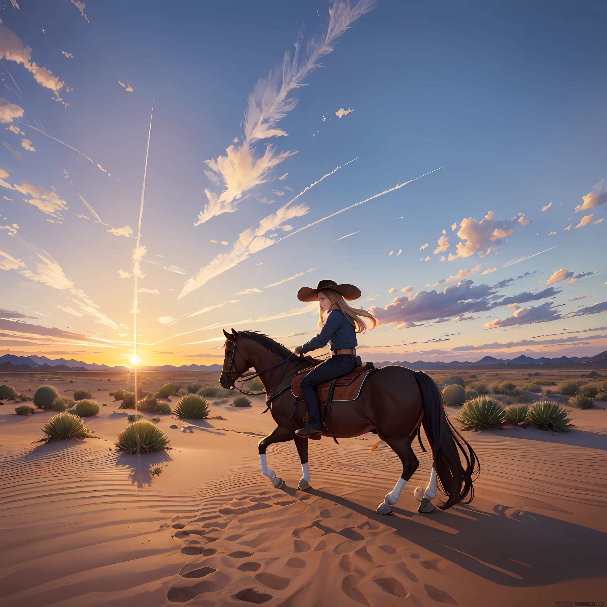 8k,best quality, masterpiece-1.2) realistic,360° view,full-body,High revolution, ultra detailed,award winning picture, cowboy, riding Balck horse, desert,sun set time, cactus, brown hut, sandee --auto --s2