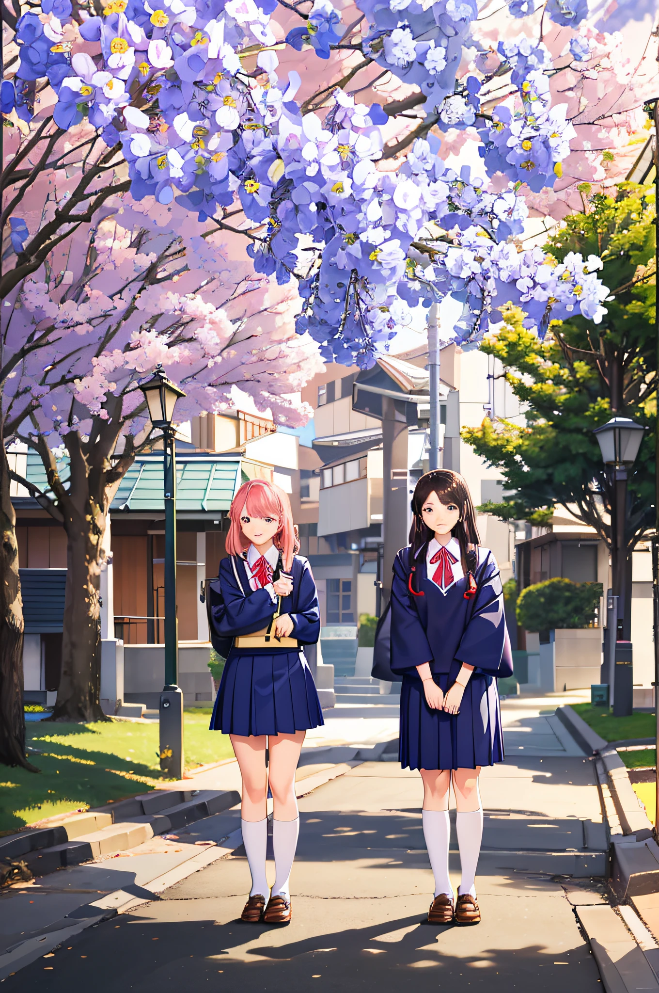 two young women in school uniforms standing on a street, seifuku, two japanese schoolgirls posing, japanese school uniform, japanese high school, magic school uniform, magical school student uniform, magic uniform university, mid shot portrait, sakimichan hdri, japanese girl school uniform, wearing japanese school uniform, on a sunny day --auto --s2