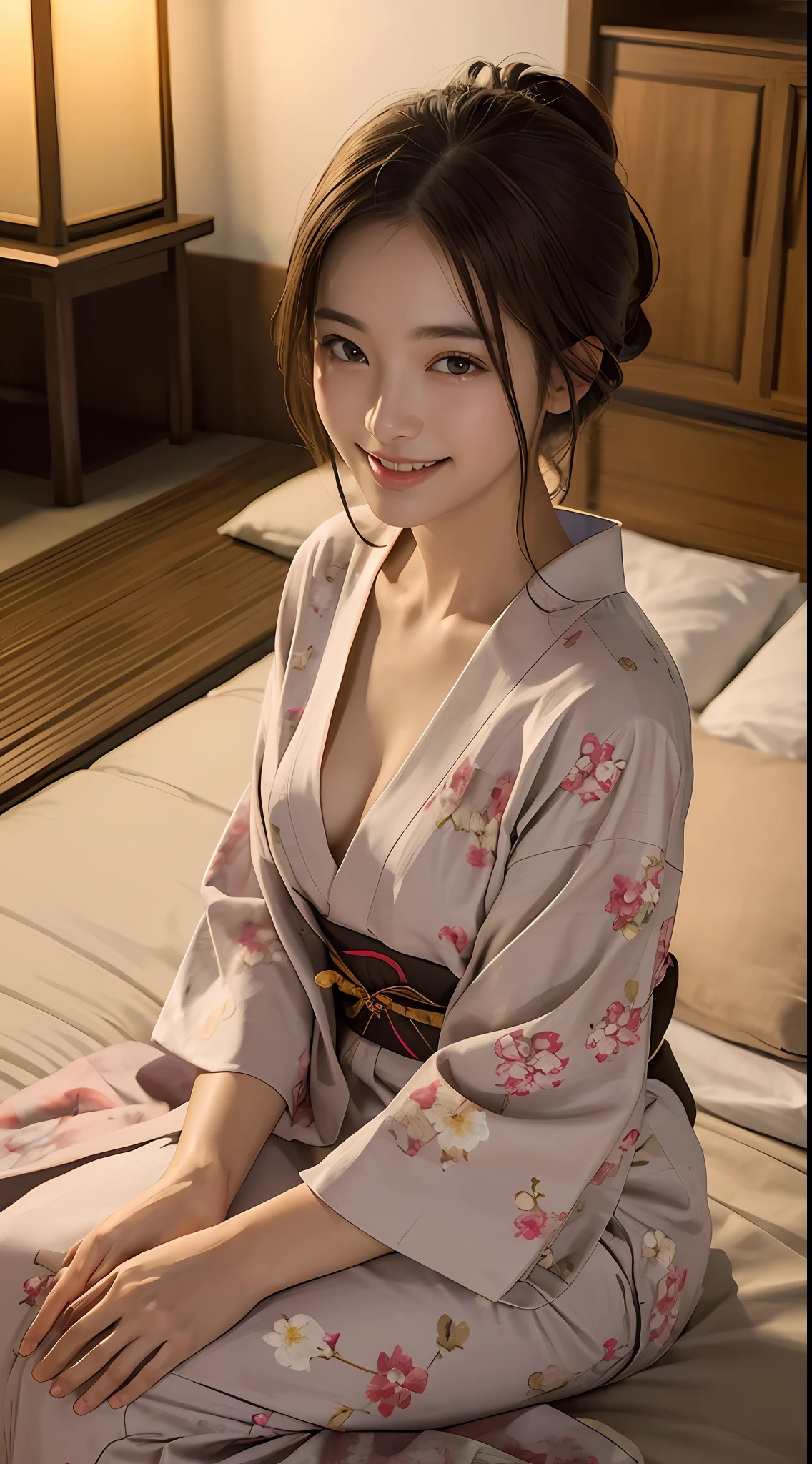 ((Best Quality, 8K, Masterpiece: 1.3)), Perfect Body Beauty: 1.4, ((Brown Hair: 1.2)), Luxury Hot Spring Inn, Ryokan Room, Sleeping on a Futon, Yukata with Wide Open Chest, Thin 3cm Wide Obi, Floral Yukata, Detailed Eyes, Double Eyelids, (1 Female), 20 Years Old, Smiled Expression