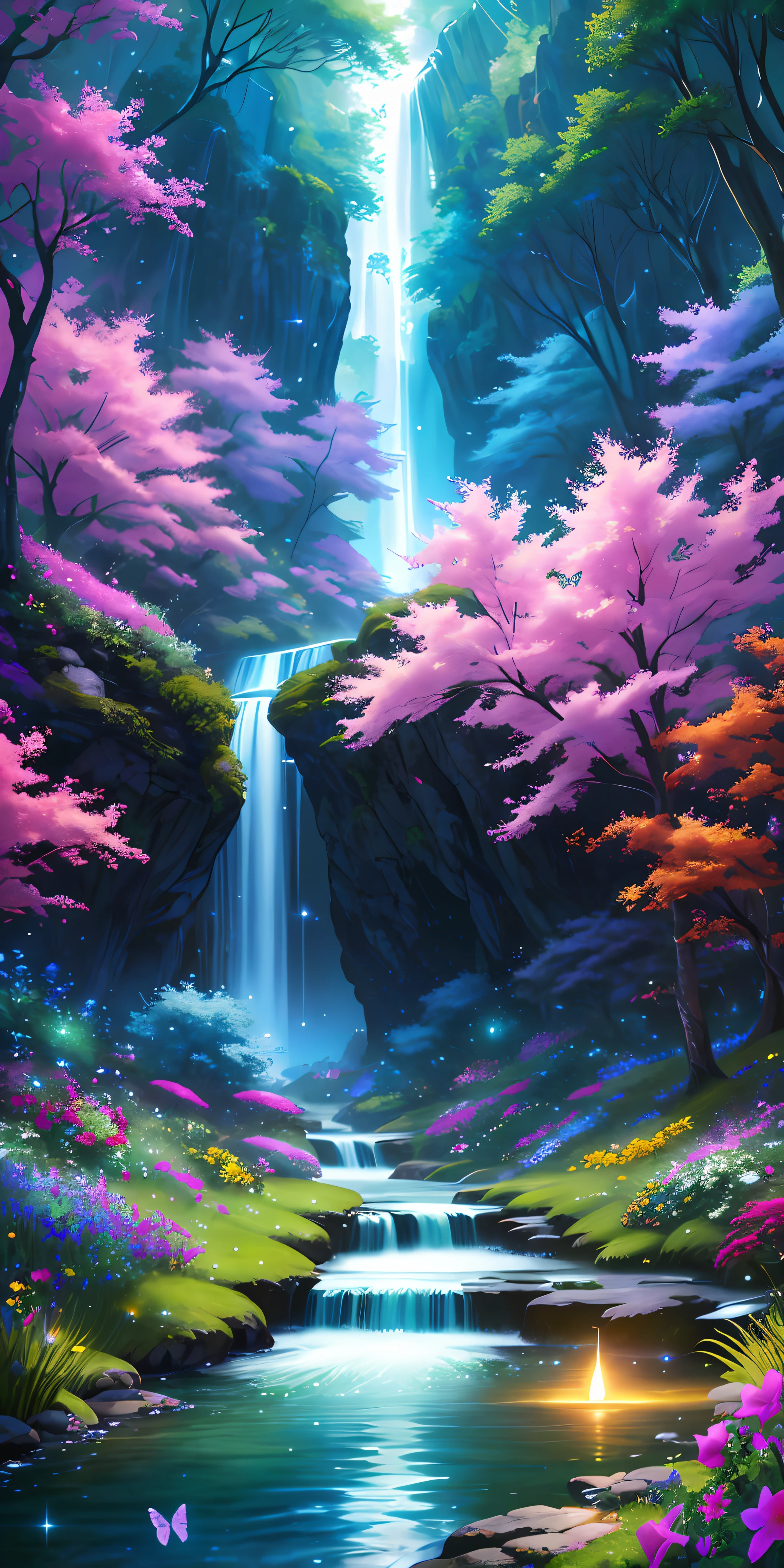masterpiece, best quality, high quality, extremely detailed cg unity 8k wallpaper, an extremely colorful and purely fantasy environment with vibrant hues and a bright night sky, sky full of stars, landscape of bright green grass, colorful trees, glittering fruits, and bright glowing blue flowers. the streams are a deep shade of black, and the air is filled with sweet exotic scents. the environment appears to be taken out of a dream, with luminescent butterflies and giant colorful birds flying around, award winning photography, bokeh, depth of field, hdr, bloom, chromatic aberration ,photorealistic,extremely detailed, trending on artstation, trending on cgsociety, intricate, high detail, dramatic, art by midjourney