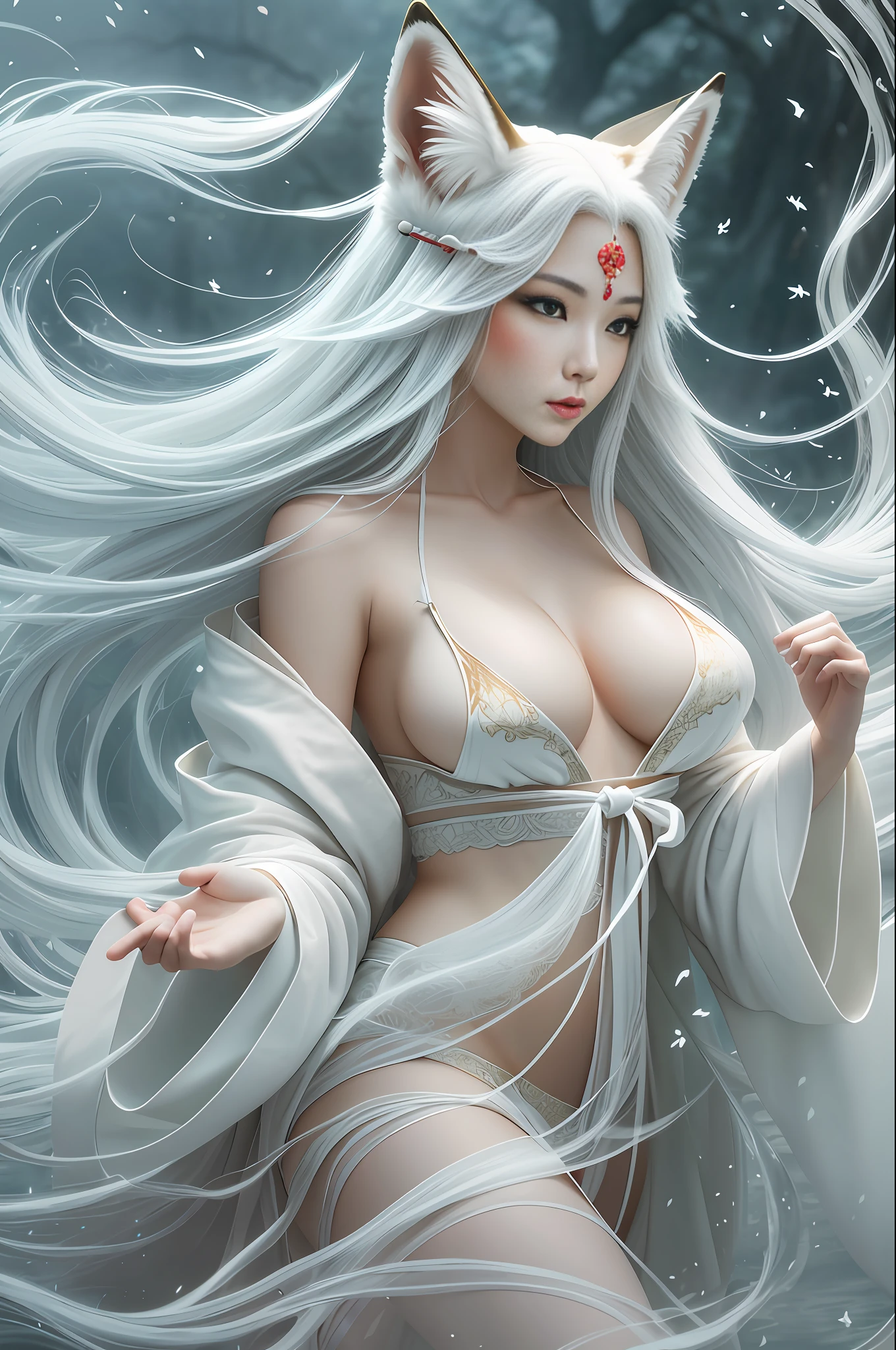 a beautiful and ethereal fox spirit dressed in a flowing white Chinese robe. The image captures the fox spirit standing gracefully on the water's surface, surrounded by white clouds and mist that lend an otherworldly quality to the scene. The fox spirit's long white hair and robes are swept up by the wind, adding movement and fluidity to the image. Use Midjourney's advanced brush tools to create intricate folds and textures in the fox spirit's robes and hair, and experiment with different color palettes and brush strokes to bring out the ethereal quality of the scene. The fox spirit's beauty is further enhanced by the way her image is sometimes obscured by the surrounding mist, giving the scene a sense of mystery and enchantment. With Midjourney's powerful tools, you can bring this captivating and ethereal scene to life with incredible detail and beauty. hdr, (photorealism, masterpiece quality, best quality), , pureerosface_v1,ulzzang-6500-v1.1, big boobs, 9 fox tails, shrine maiden, face markings, sexy body, loose robes