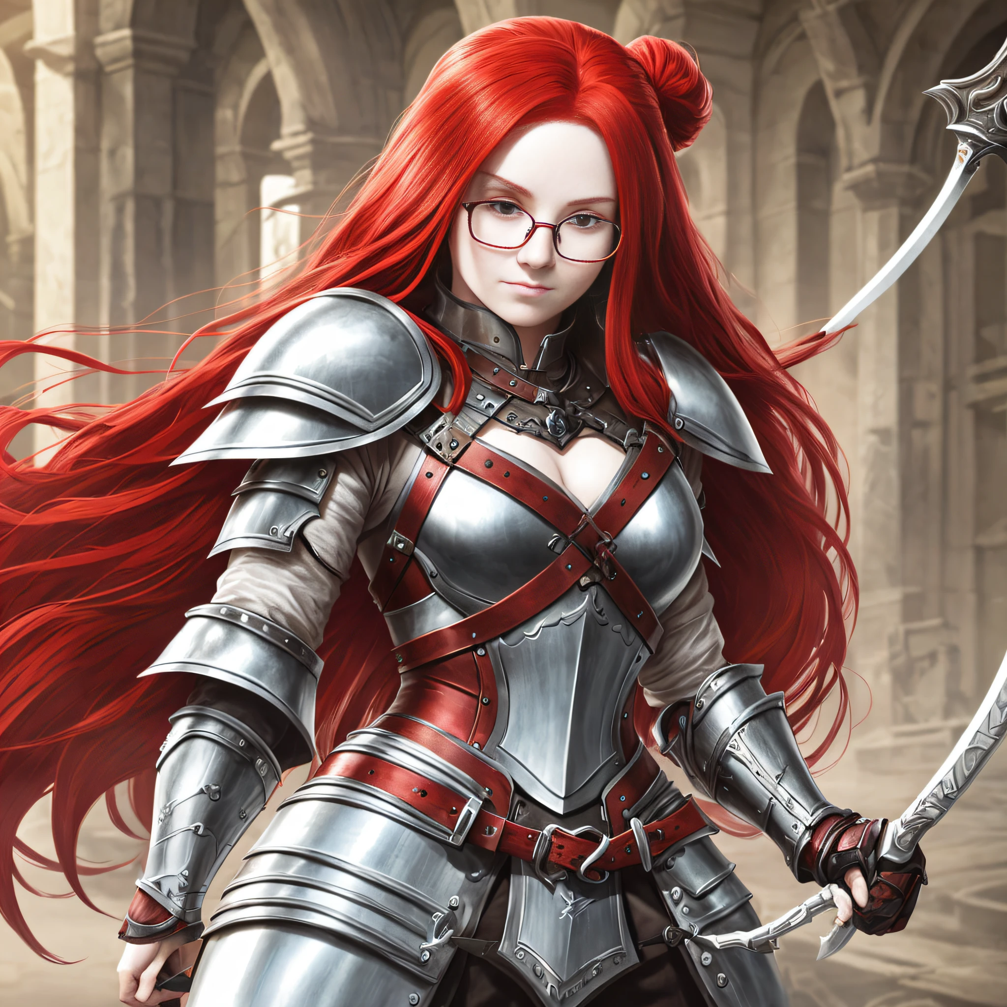 Glasses with long red hair, female, 26 years old, likes to collect people's finger bones, holds a white bone whip in her hand, and wears white knightly armor --auto --s2