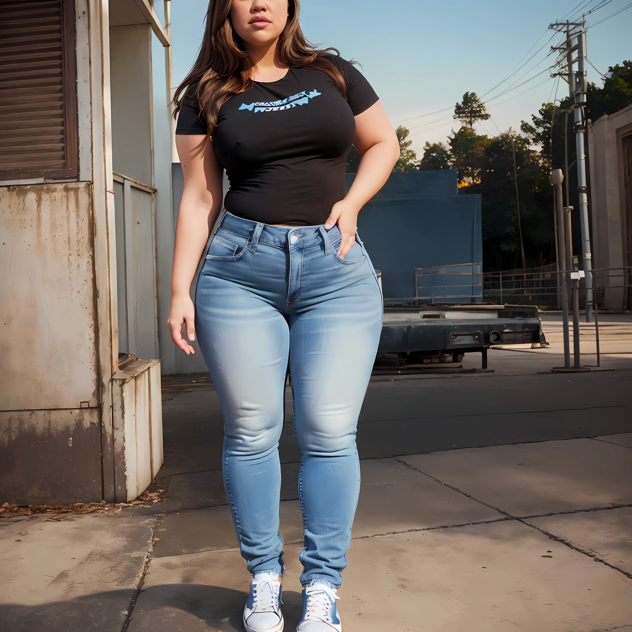 ((Overweight)) ((chubby)) Kelly Clarkson, long brown hair, small breasts, wearing light blue jeans, black t-shirt, white converse runners, subject is standing outside (((full body shot))) (((full length))) (((view side on))) (masterpiece) ((cinematic look)) —v 4