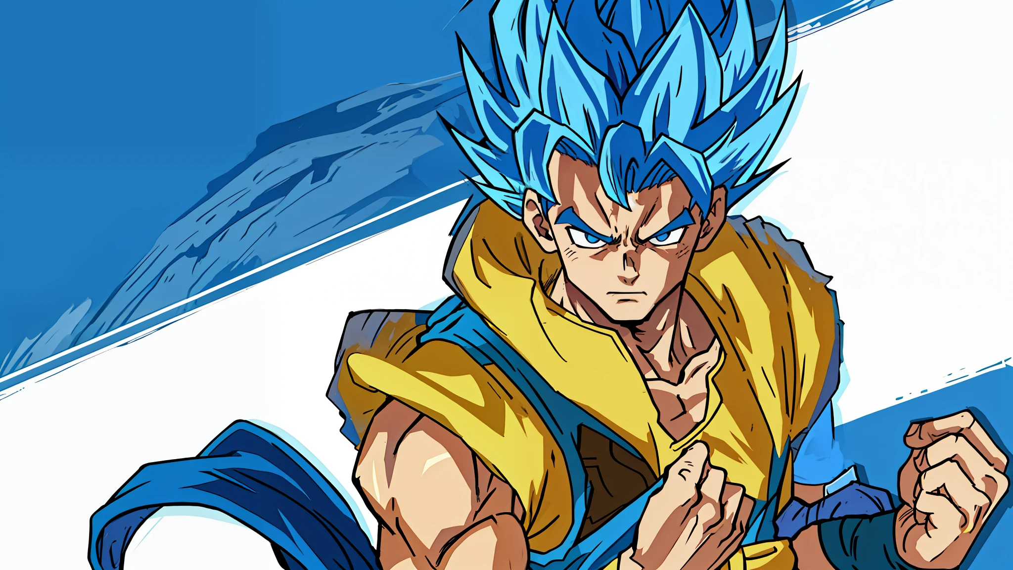 gogeta, blue hair, open shirt, blue cloth, dark armbands, smug face, hd, highres